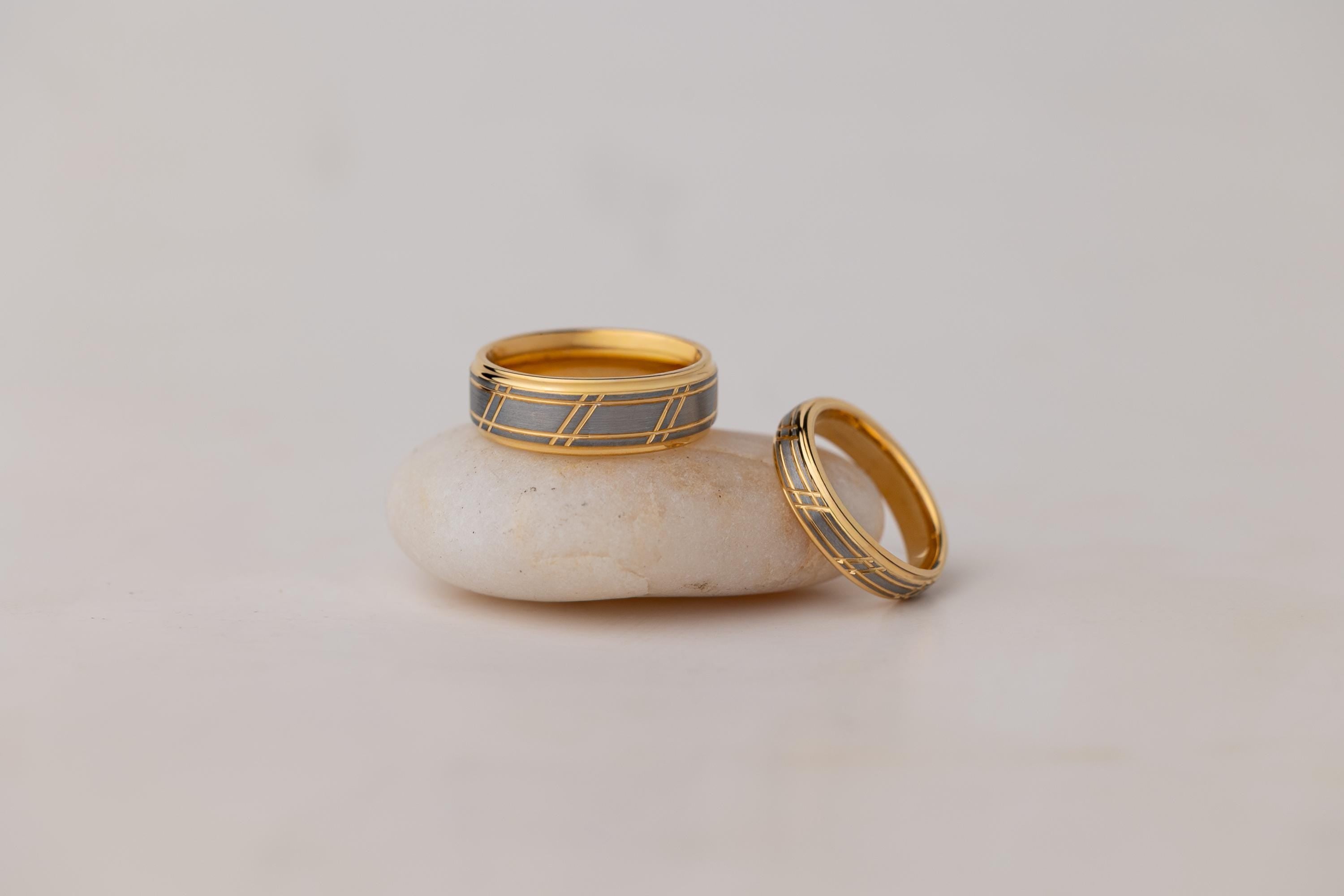 Brushed Tungsten Carbide Ring: Yellow Gold Slotted 4mm Wedding Band