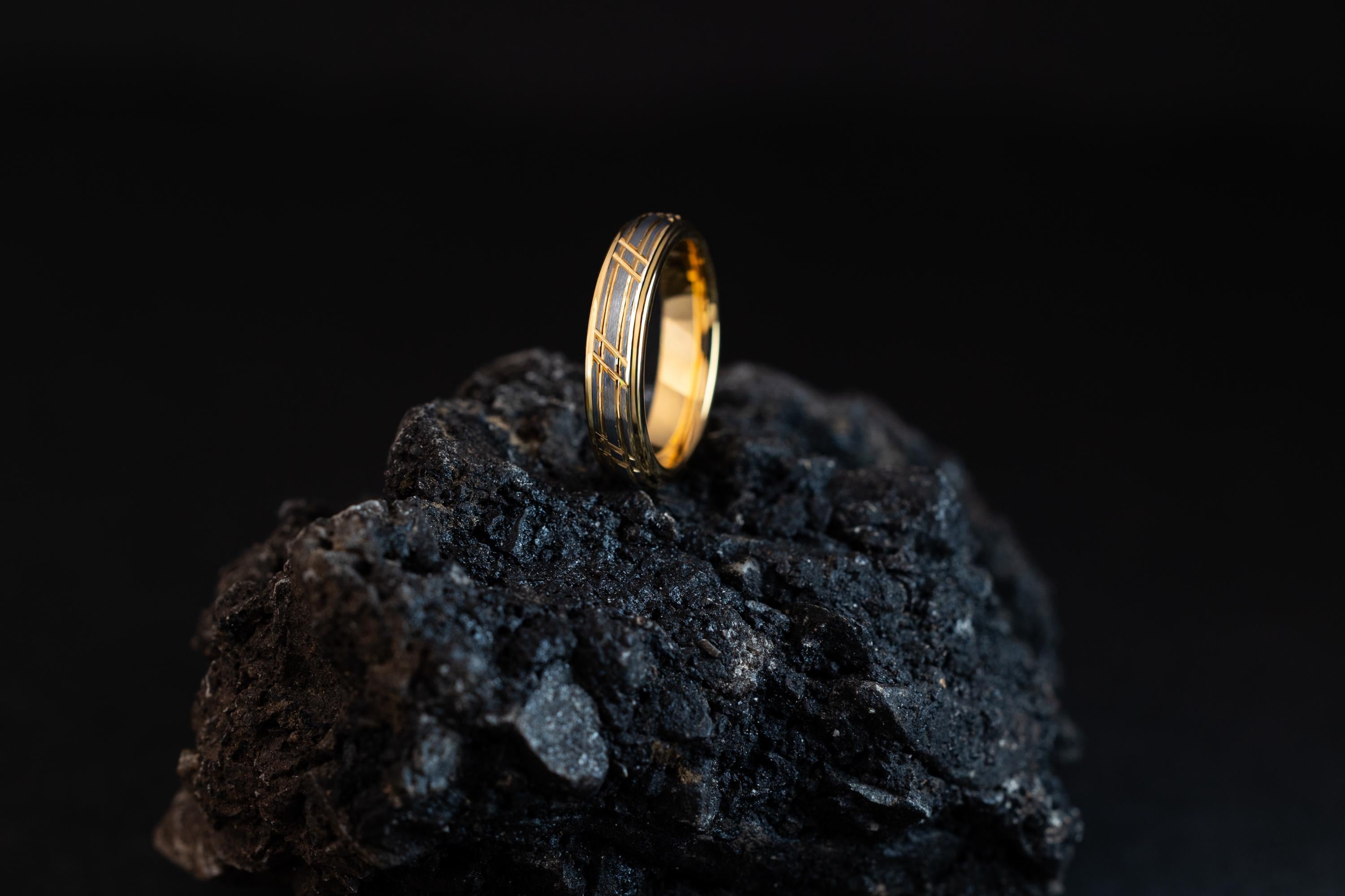 Brushed Tungsten Carbide Couple Rings: Yellow Gold Slotted Wedding Band Set