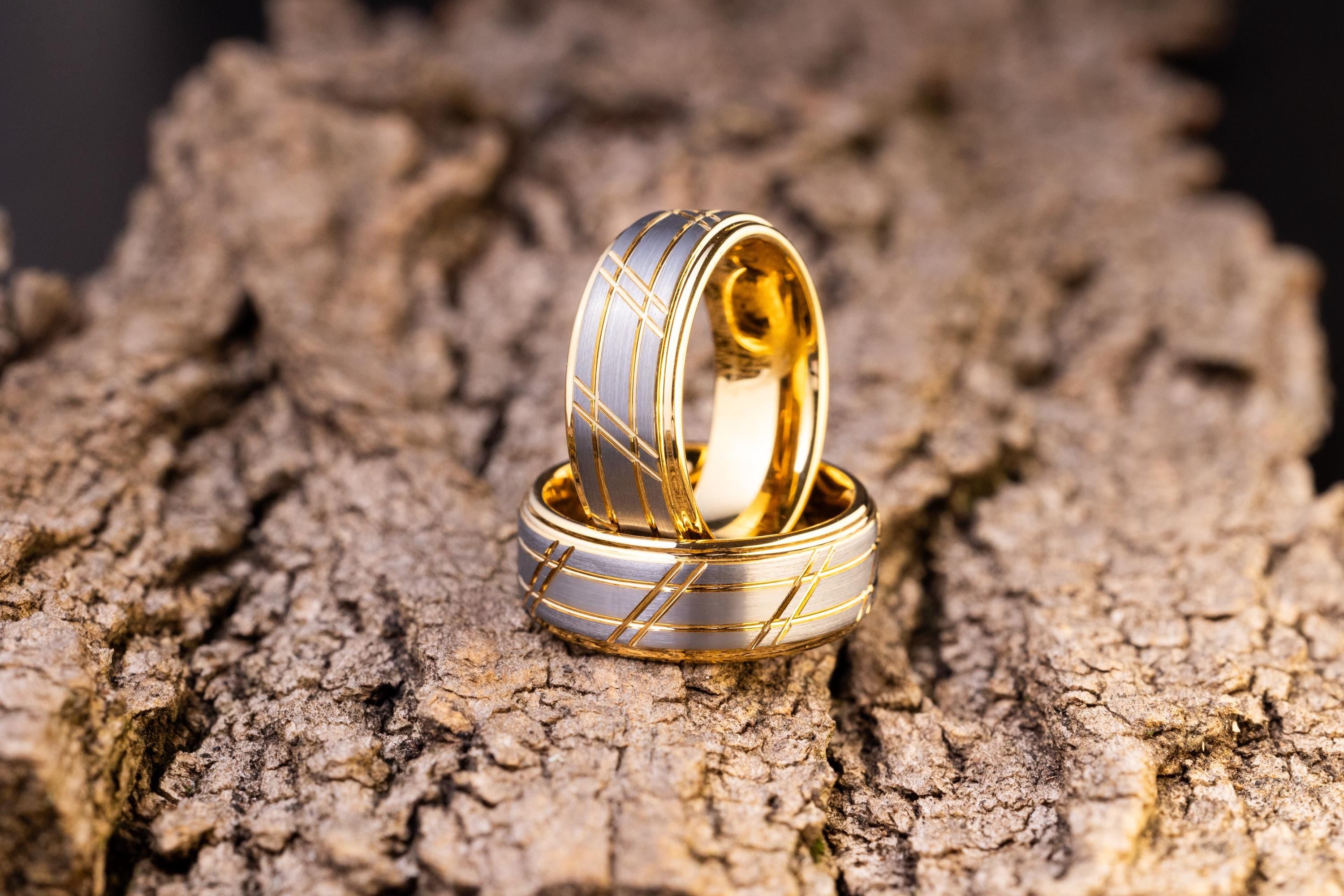 Brushed Tungsten Carbide Couple Rings: Yellow Gold Slotted Wedding Band Set