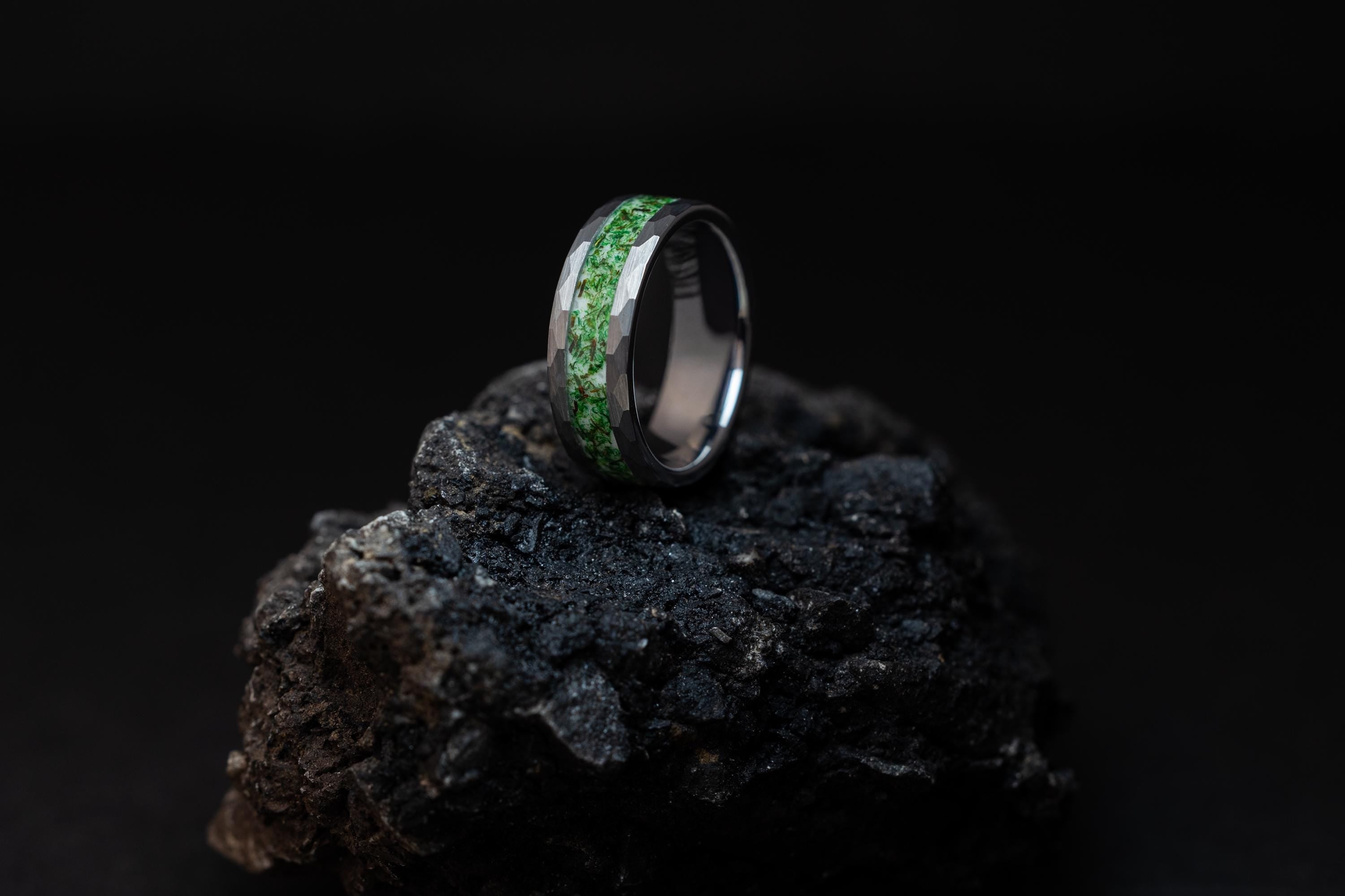 Hammered Metallic Gray Tungsten Moss Agate Ring - 8mm Wedding Band