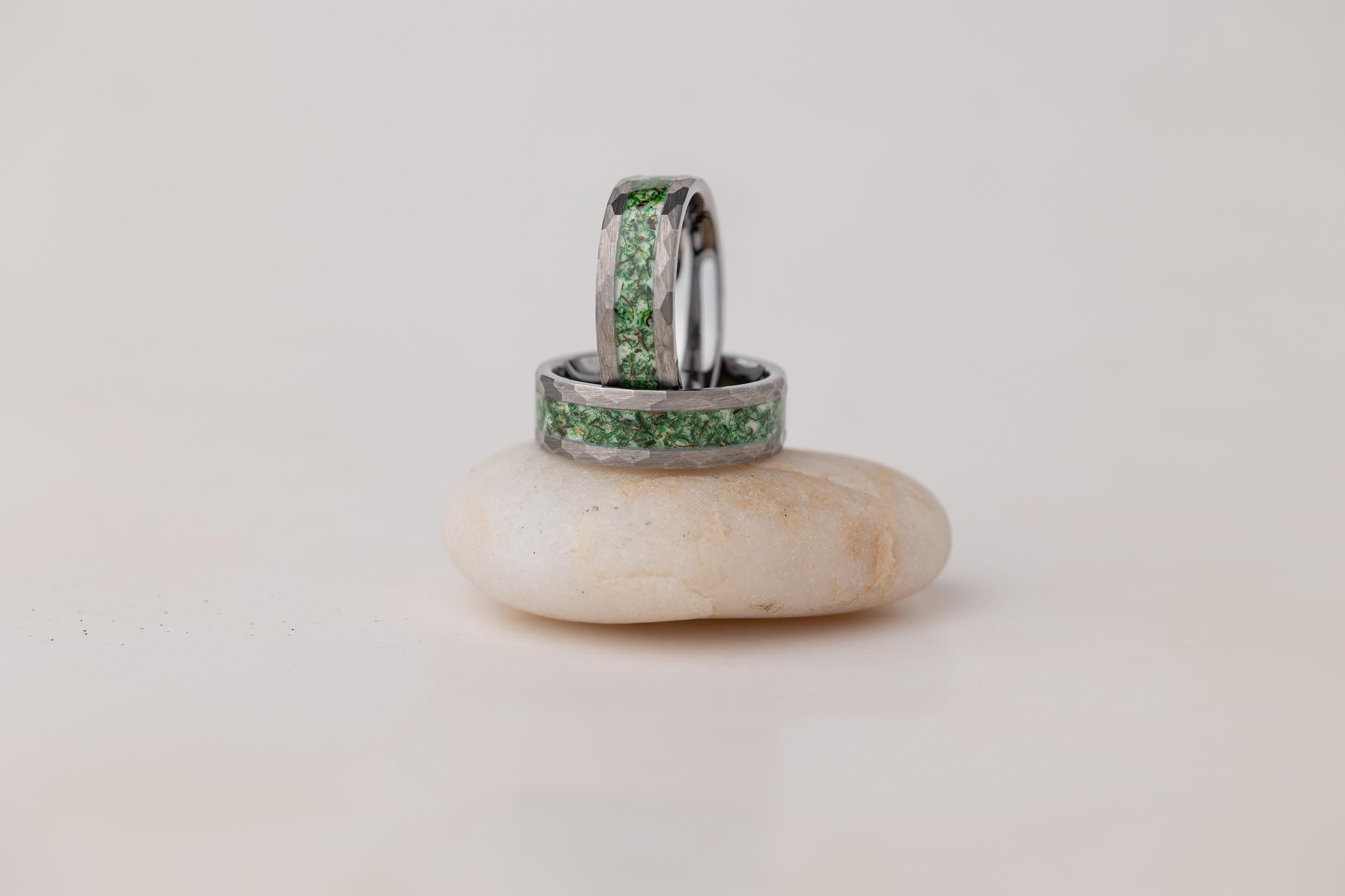 Moss Agate Ring Set: Tungsten Band, Couples Wedding Bands