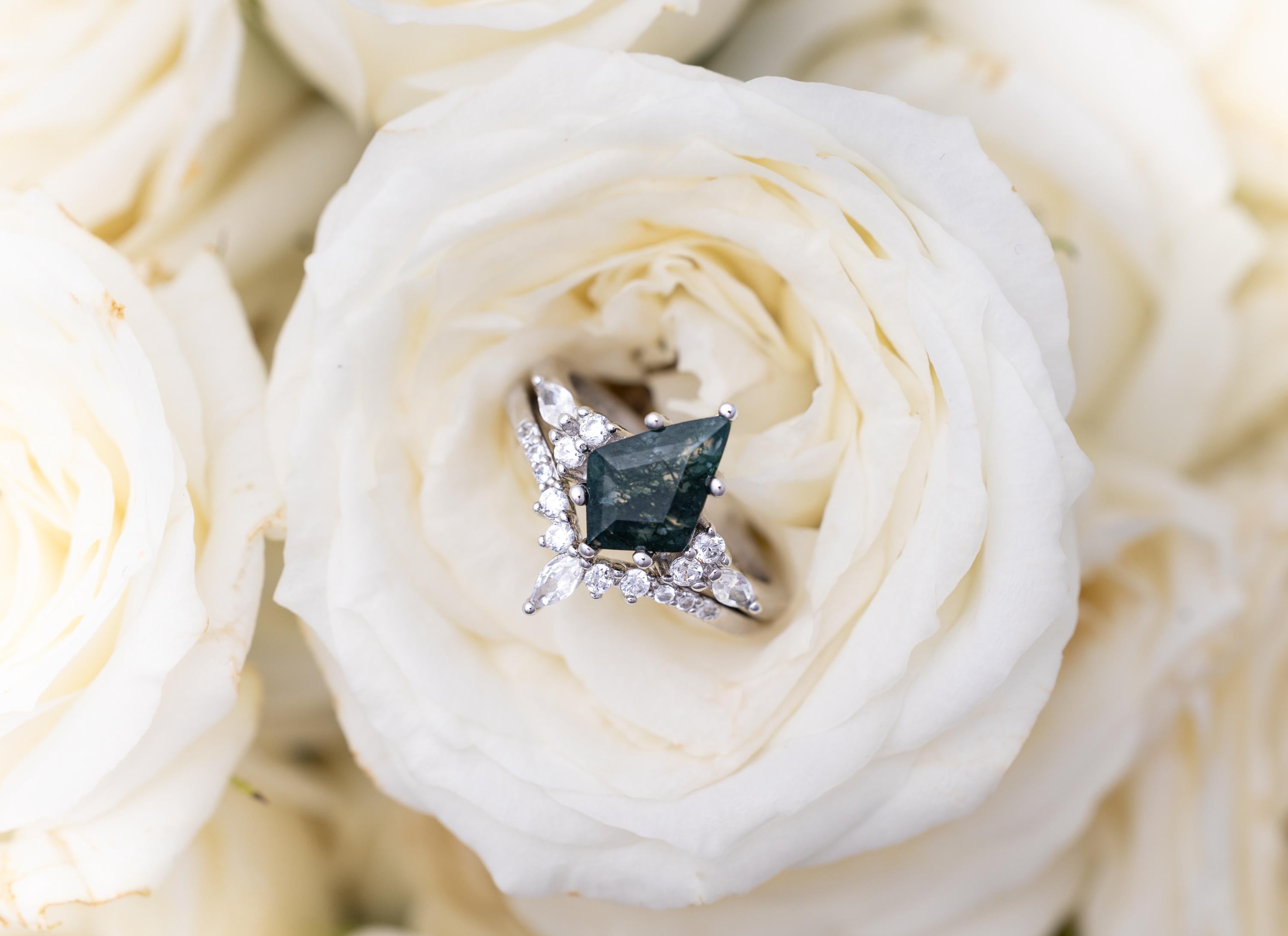 Moss Agate Ring Set: Tungsten Band, Couples Wedding Bands