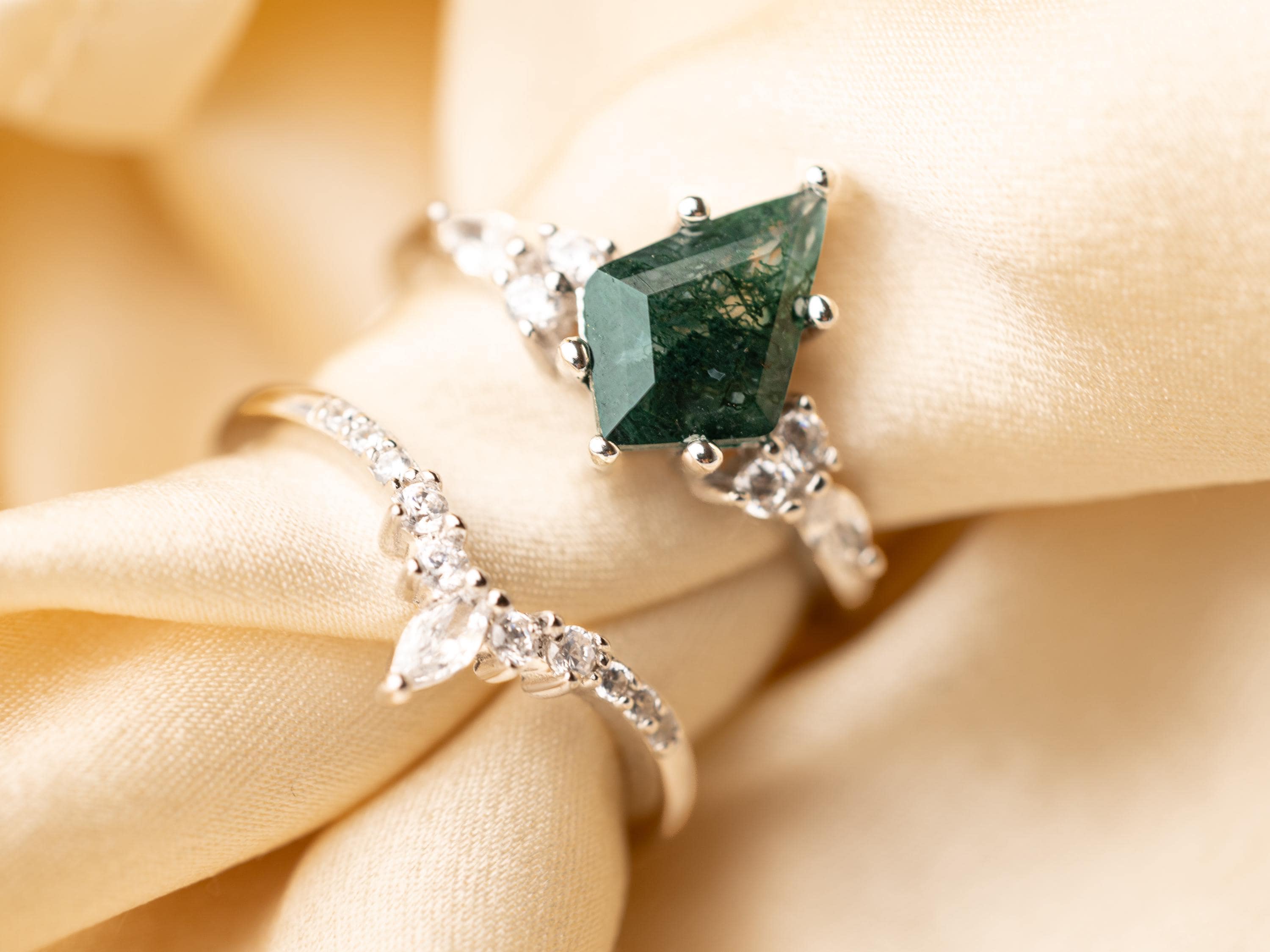 Moss Agate Ring Set: Tungsten Band, Couples Wedding Bands