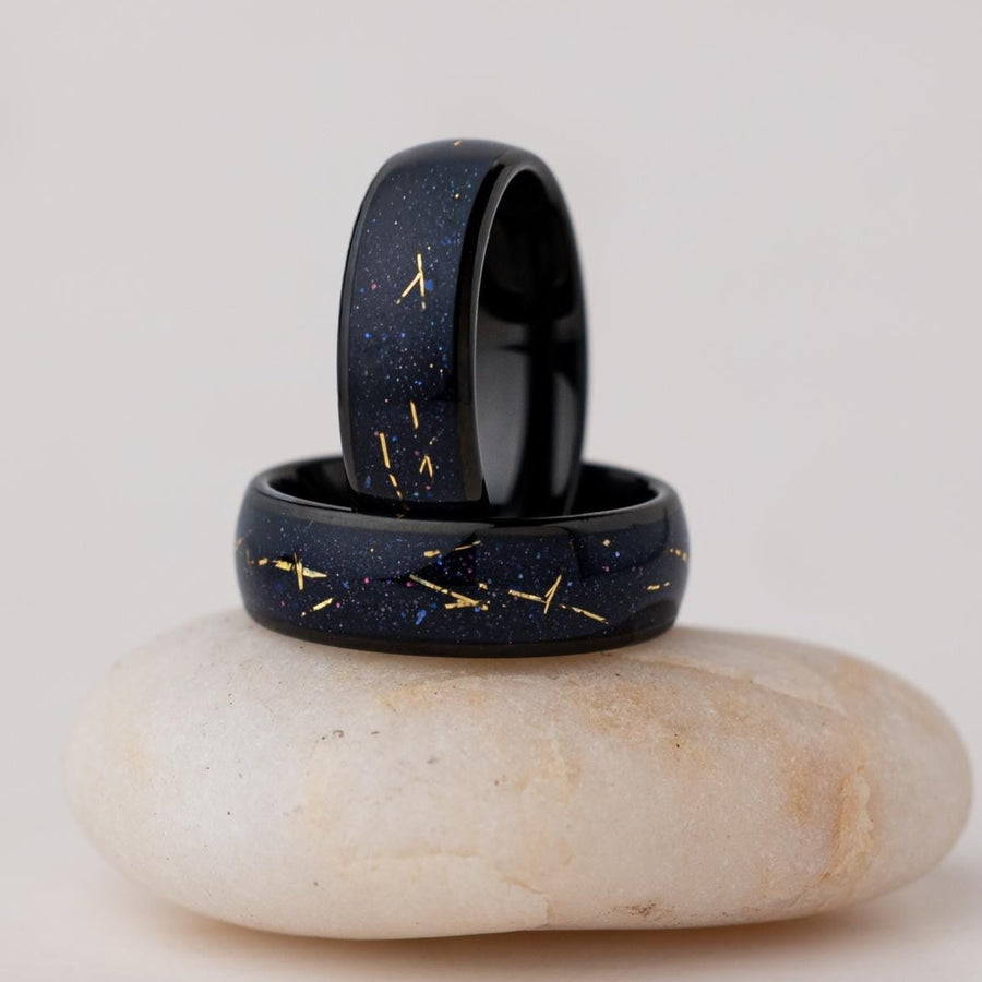 Gold Flash - Cosmic Galaxy Ring, Tungsten Wedding Ring, 8mm Width