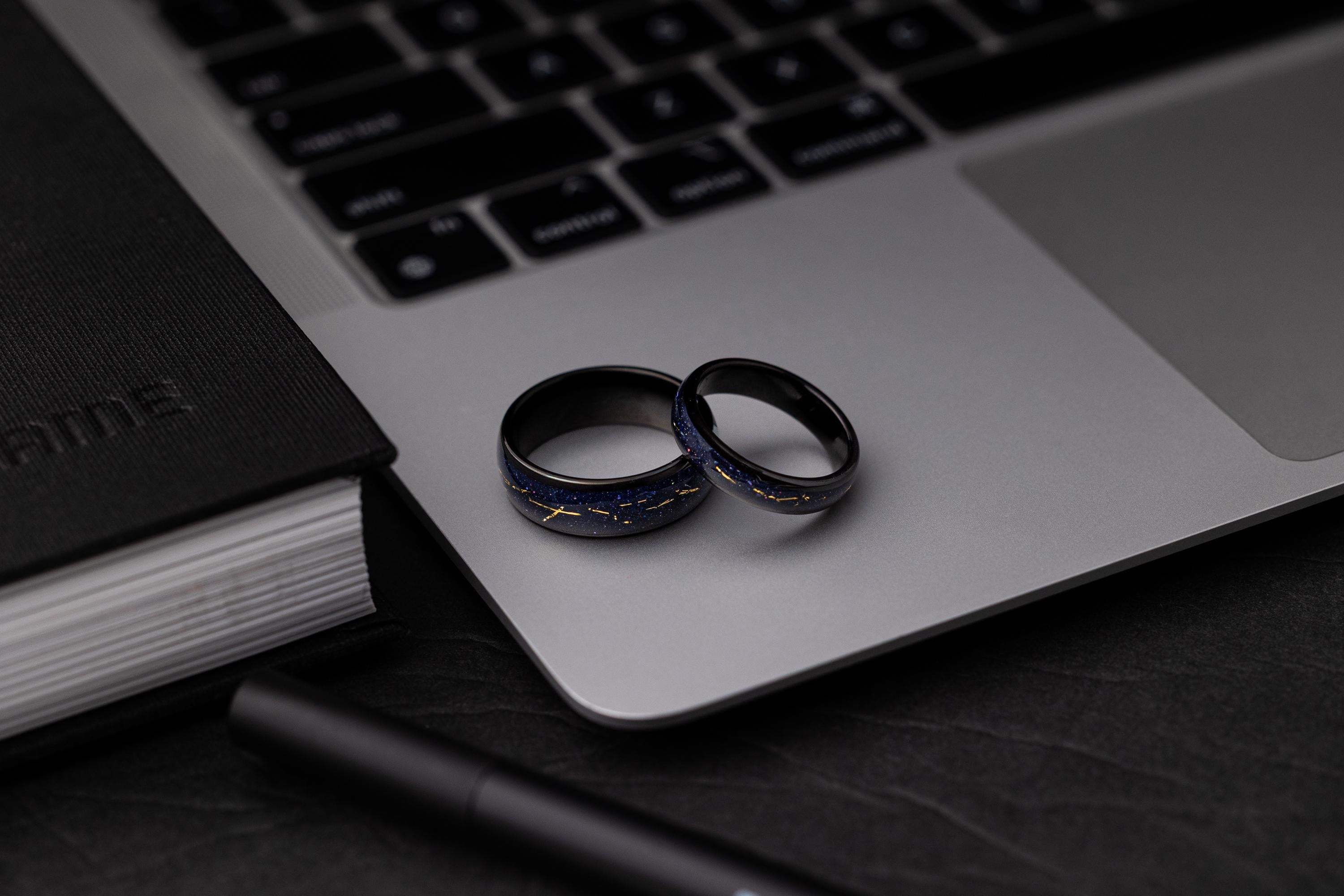 Cosmic Galaxy Rings Wedding Set: Blue Sandstone with Gold Foil