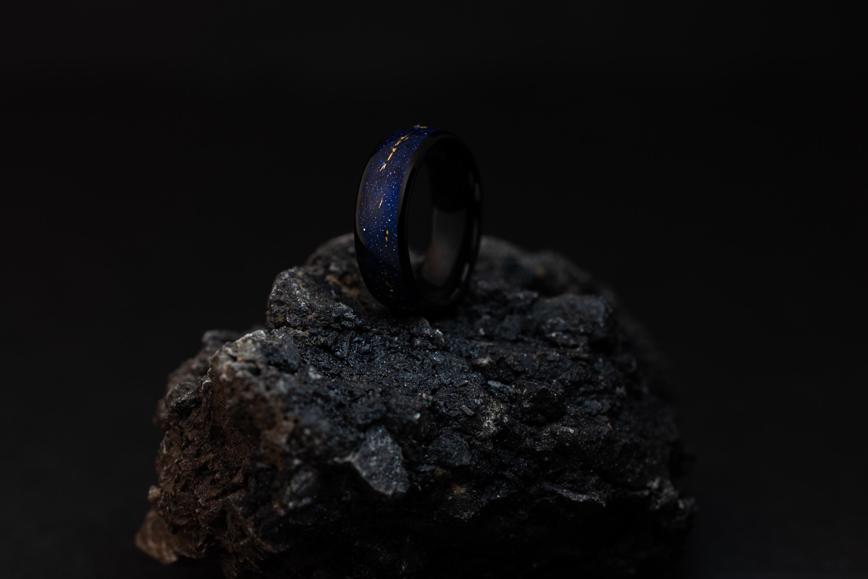 Cosmic Galaxy Rings Wedding Set: Blue Sandstone with Gold Foil