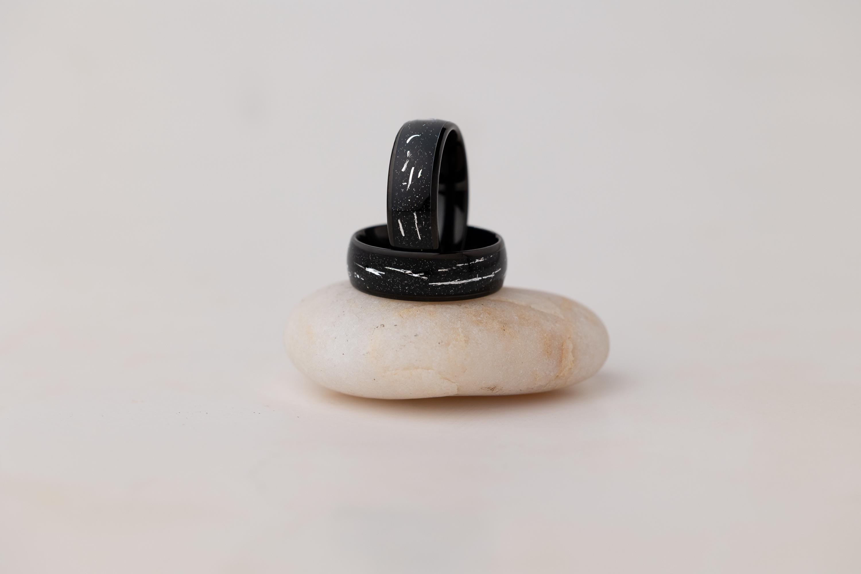 Cosmic Galaxy Rings Wedding Set: Black Sand with Silver Foil