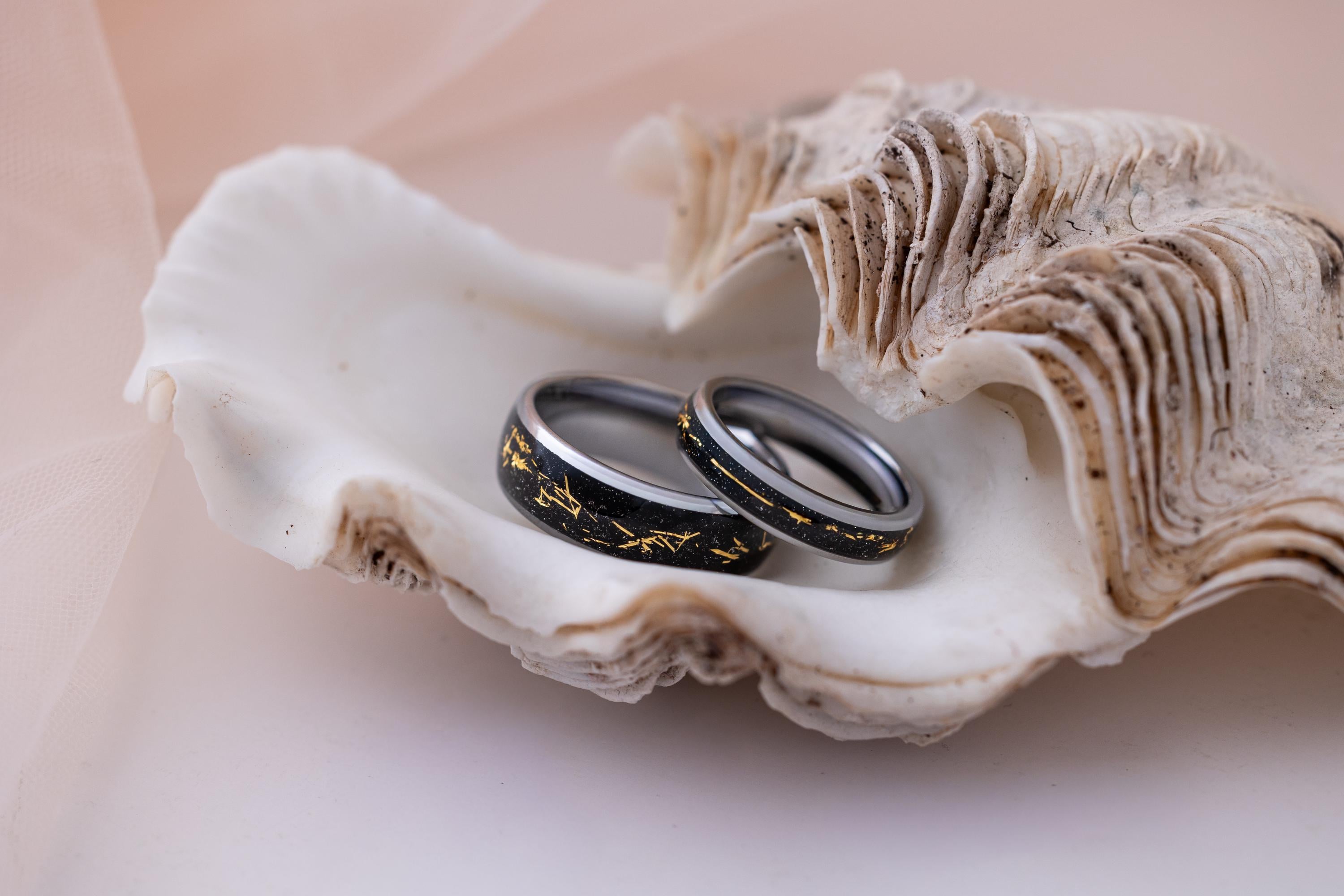 Cosmic Galaxy Rings Wedding Set: Silver Band with Black Sand and Gold Foil