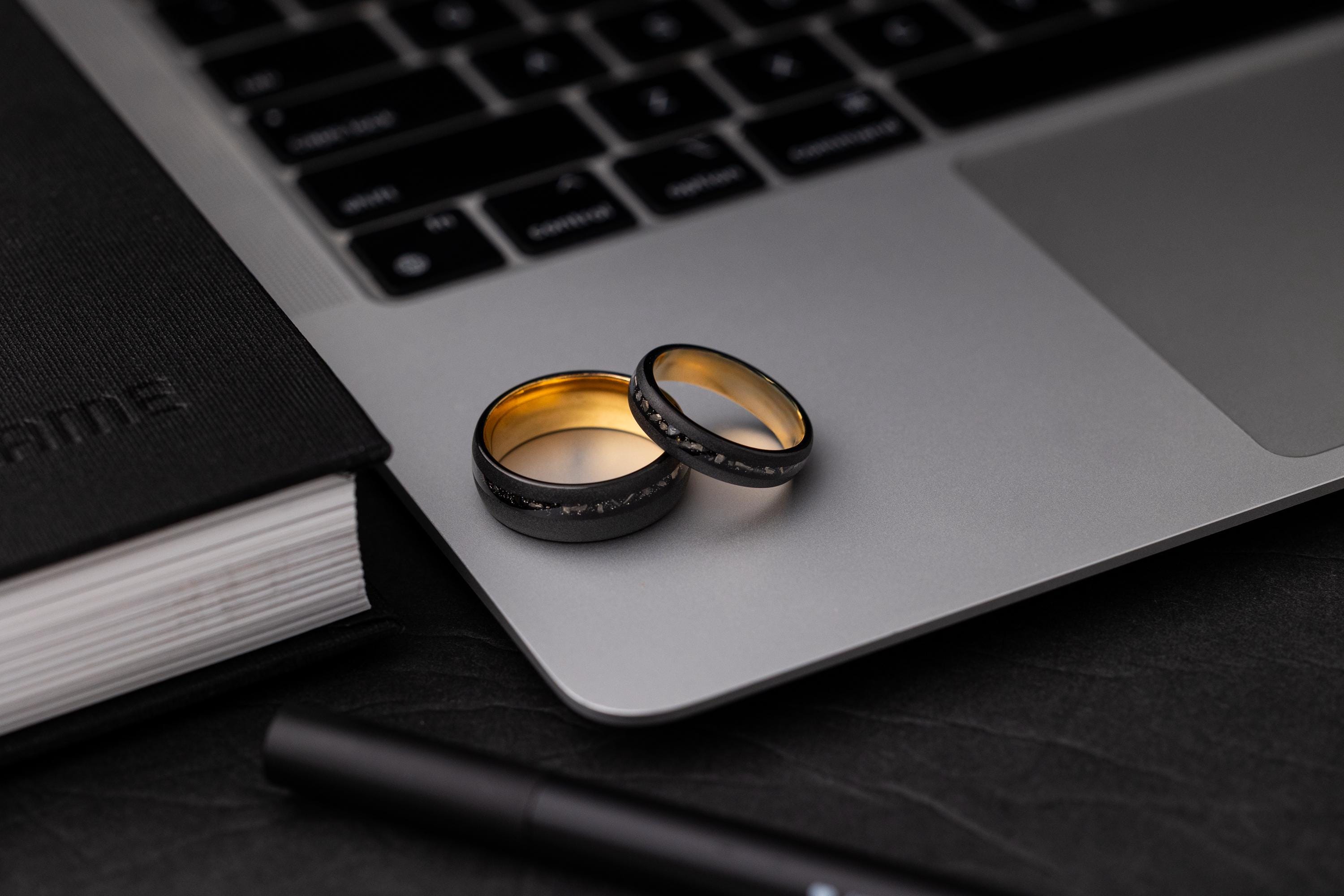 Meteorite Wedding Band Set: Black Tungsten Matching Rings