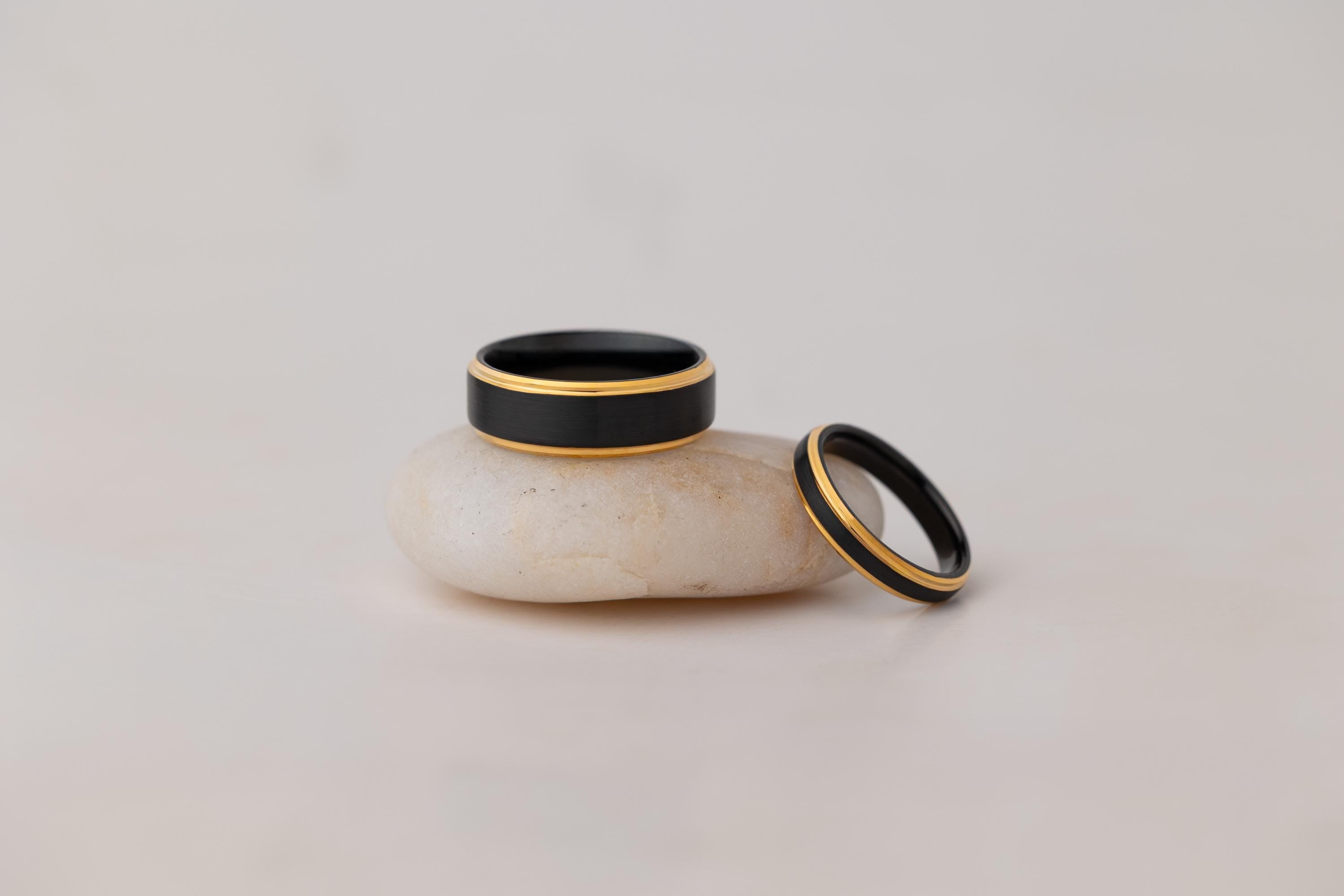 Brushed Black Tungsten Ring: 24k Gold Plated Band, 4mm Womens Wedding Ring