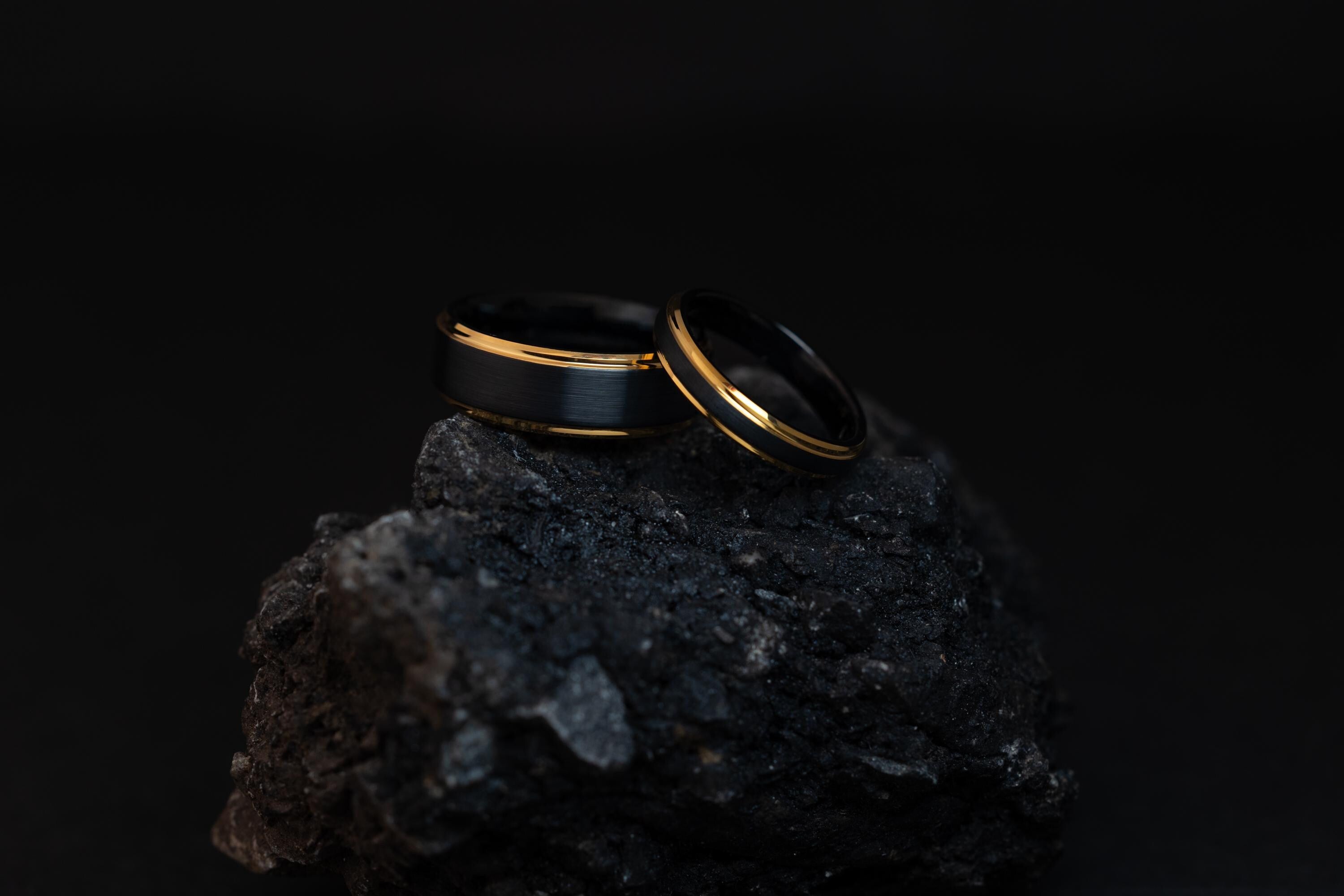 Brushed Black Tungsten Ring: 24k Gold Plated Band, 4mm Womens Wedding Ring