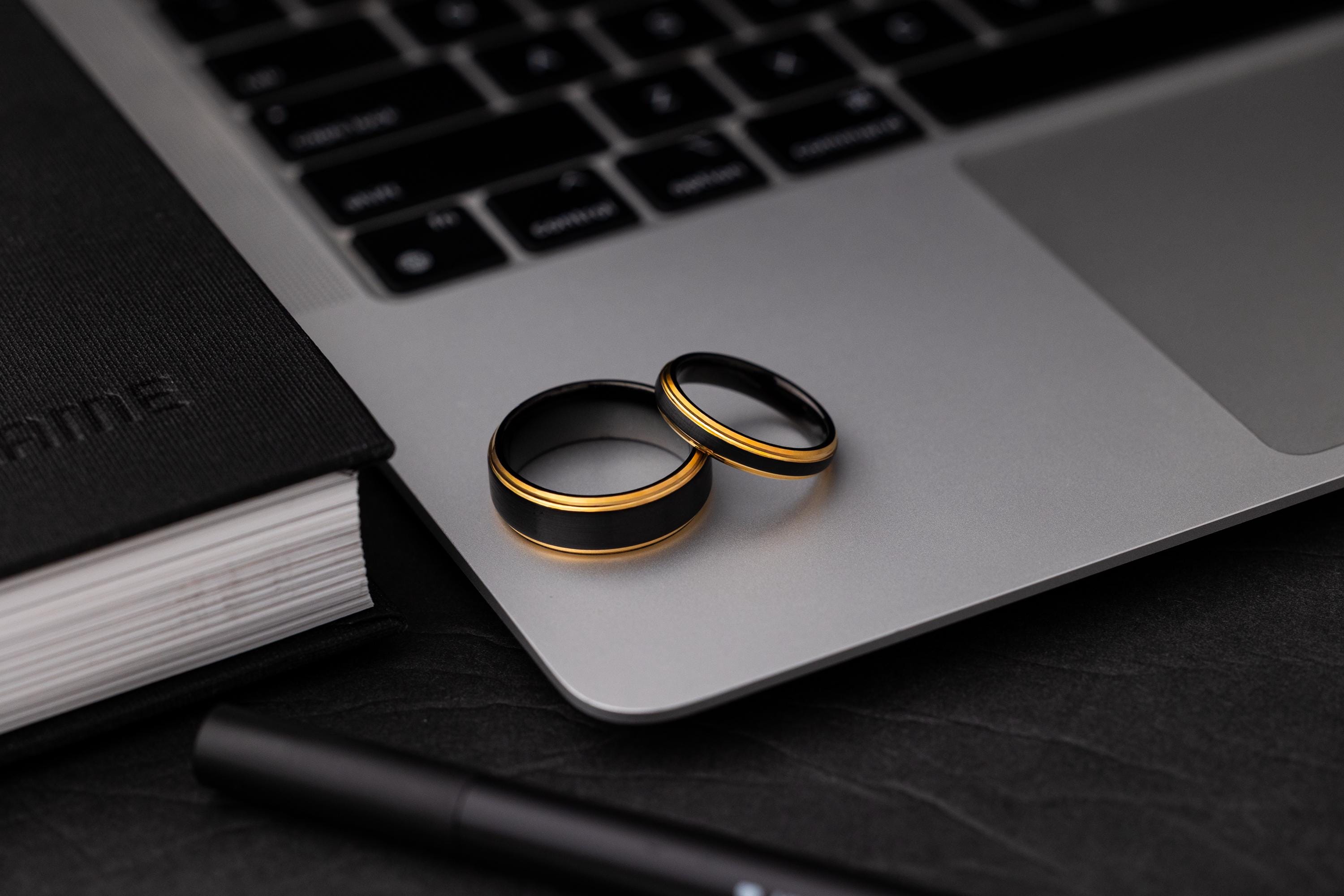 Brushed Black Tungsten Ring: 24k Gold Plated Band, 4mm Womens Wedding Ring
