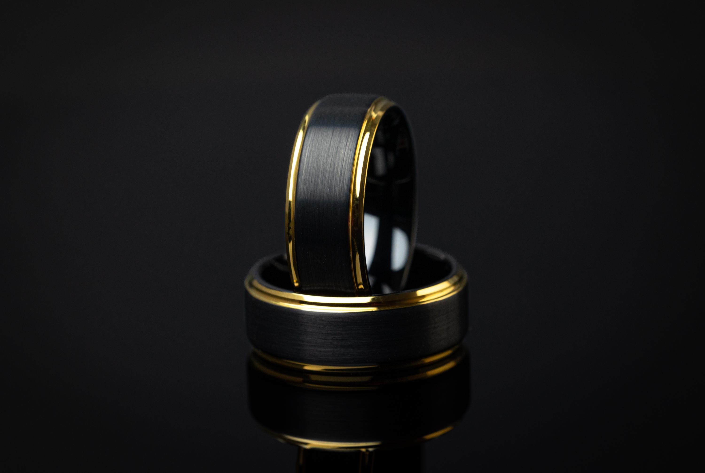 Brushed Black Tungsten Ring: 24k Gold Plated Band, Couples Wedding Rings