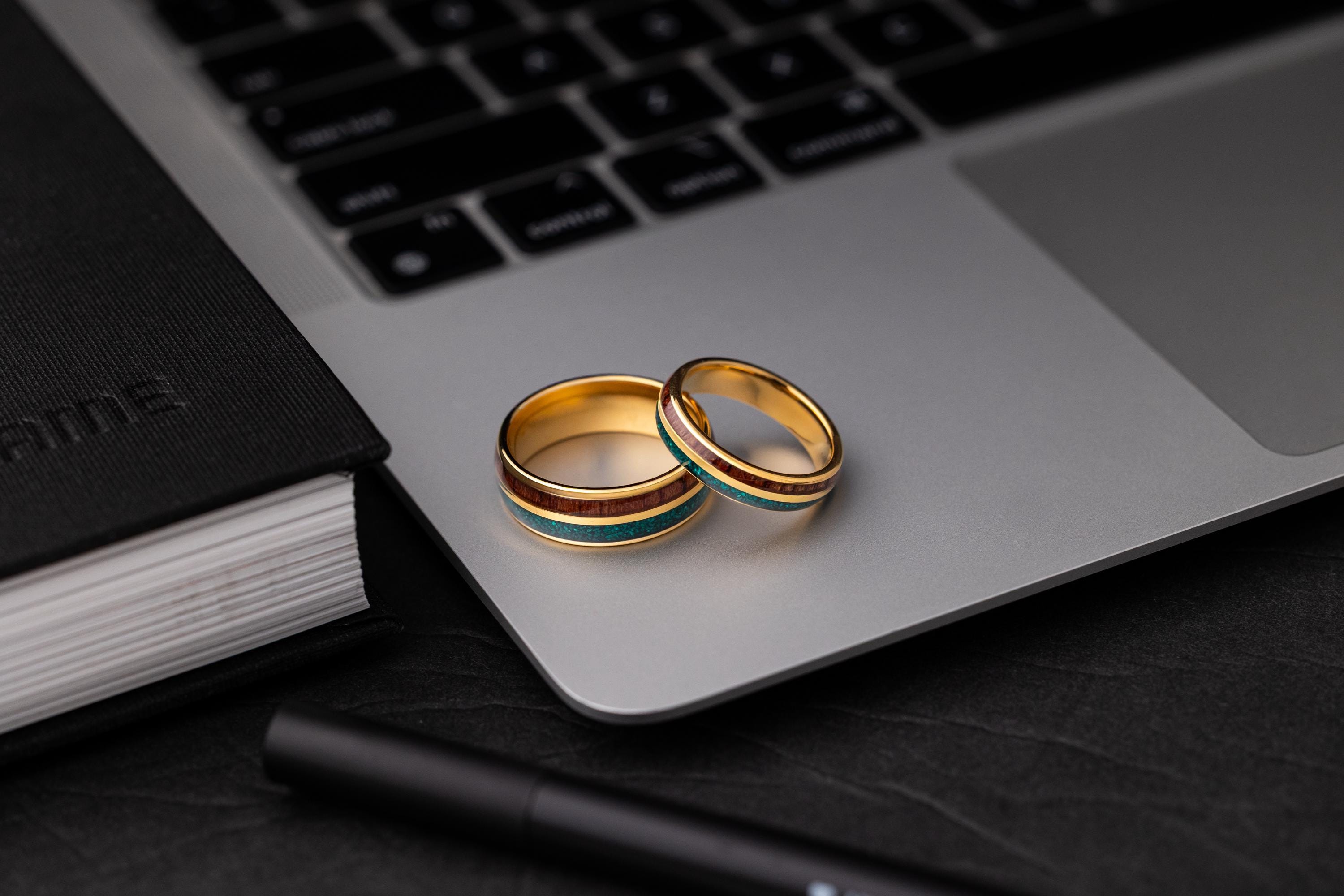 Malachite & Koa Wood Tungsten Wedding Ring Set