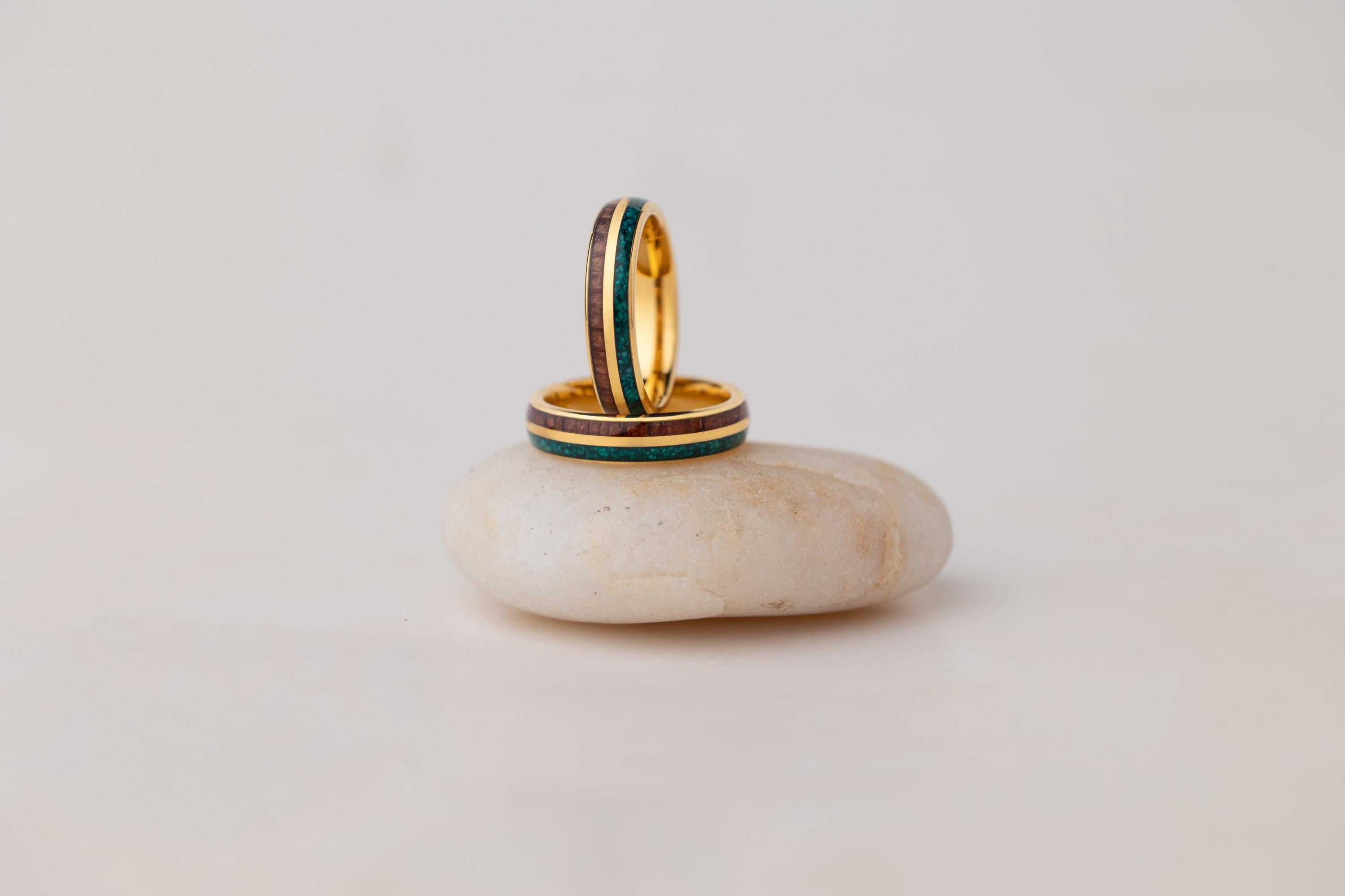 Malachite & Koa Wood Tungsten Wedding Ring Set