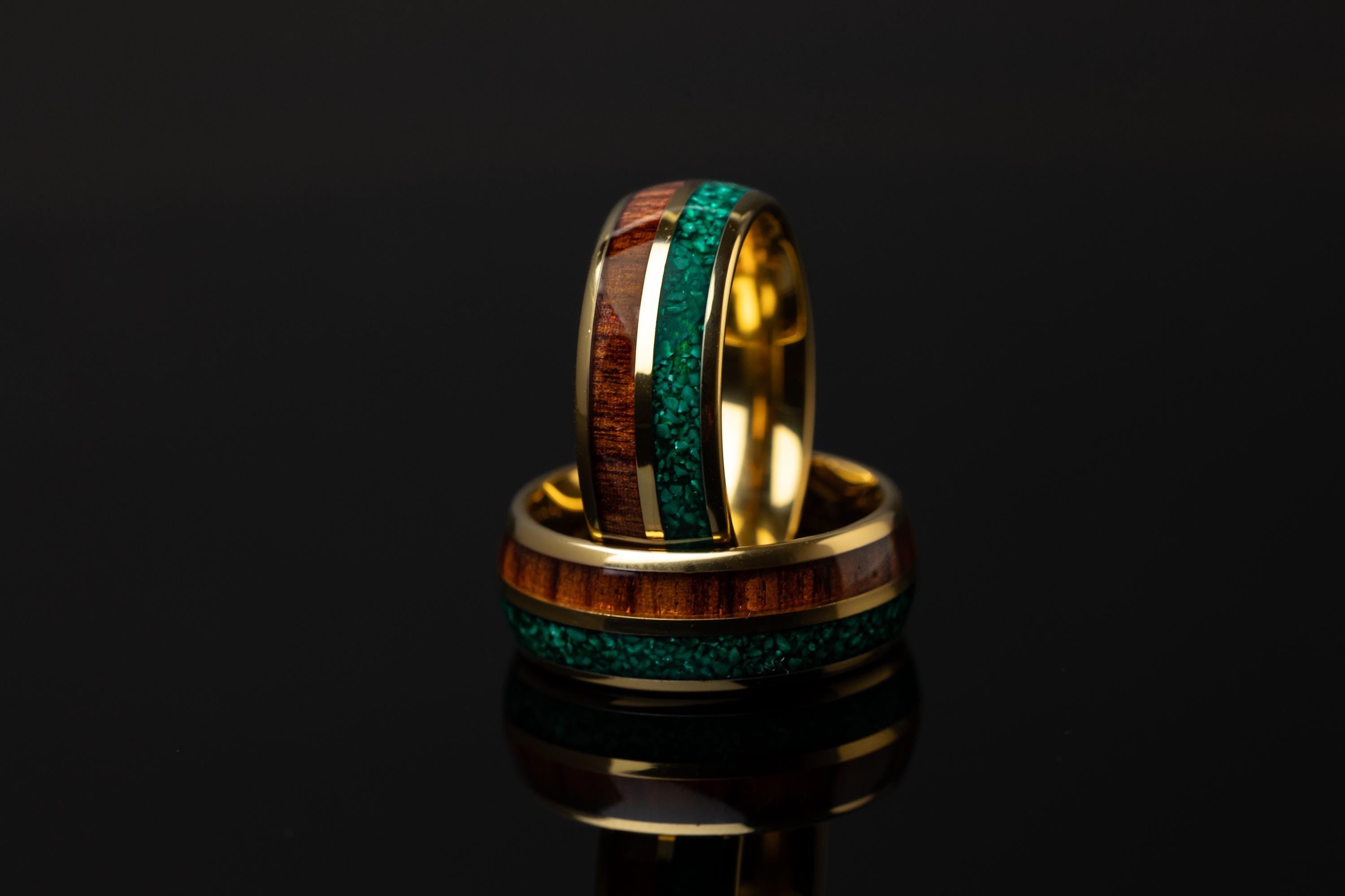 Malachite & Koa Wood Tungsten Wedding Ring Set