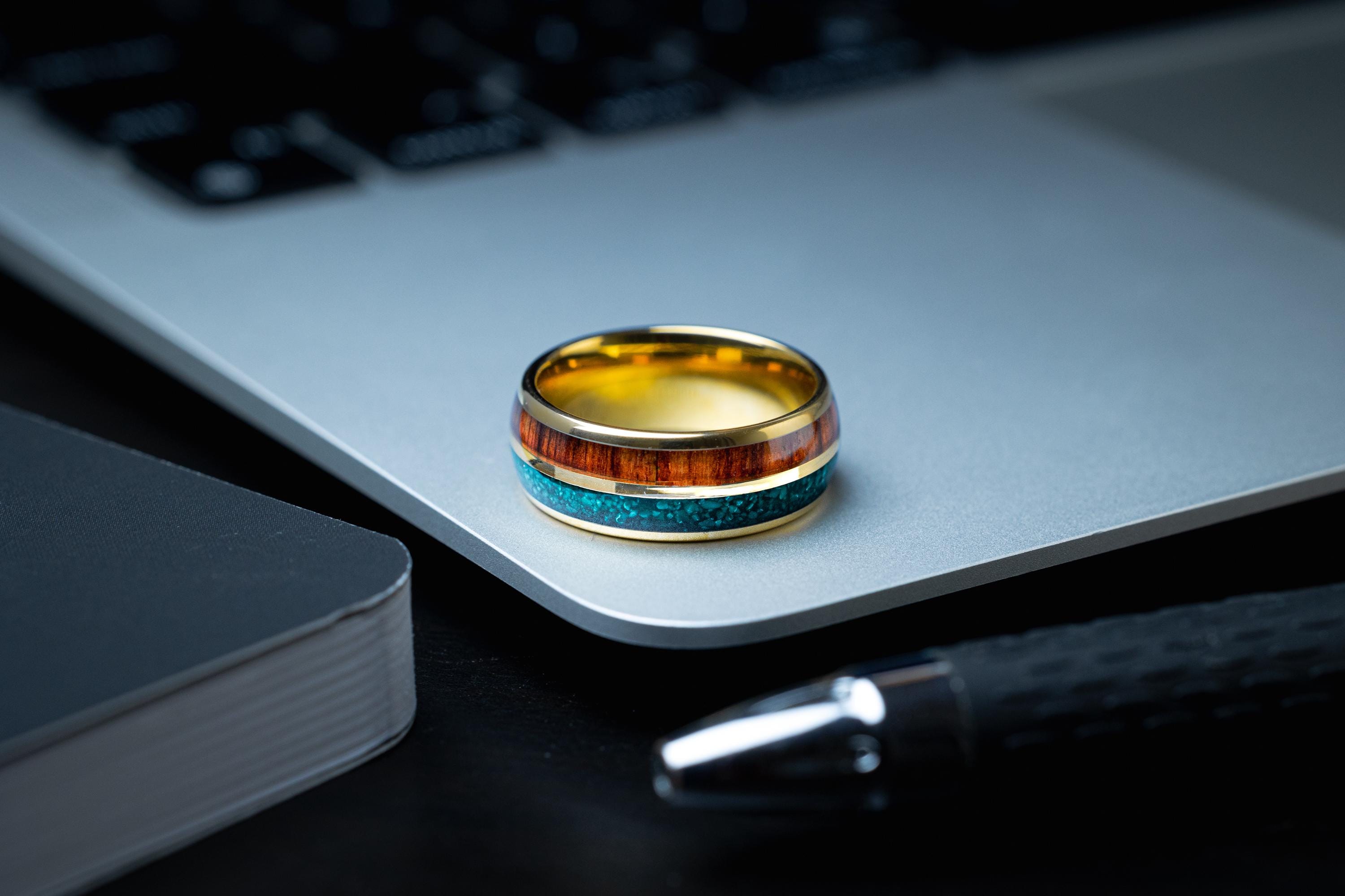 Malachite & Koa Wood Tungsten Wedding Ring Set