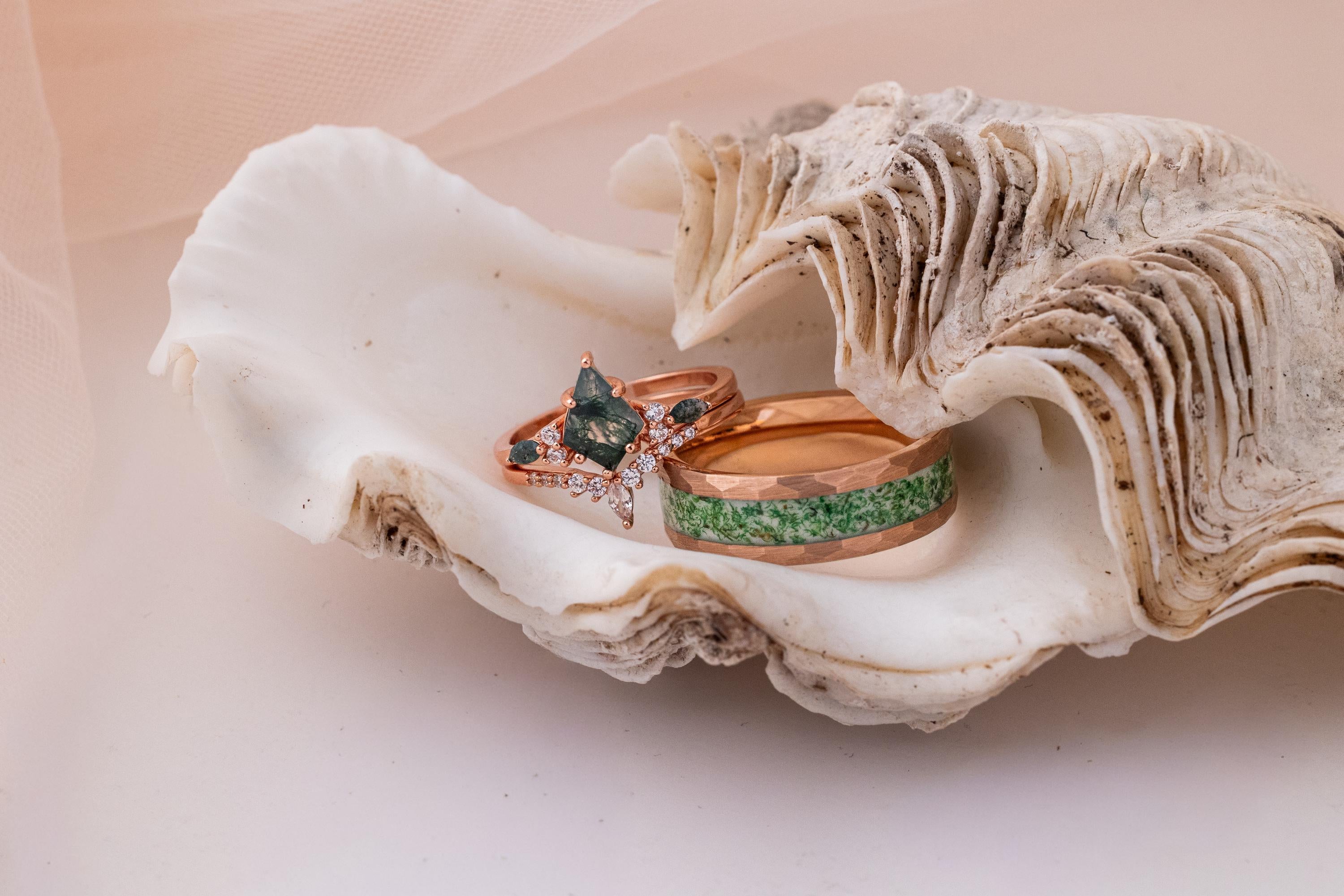 Moss Agate Ring Set: Tungsten Band, Sterling Silver Rose Gold Wedding Bands