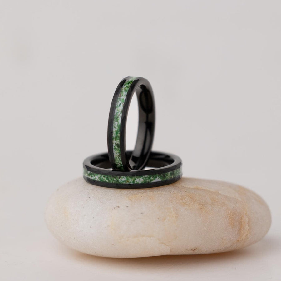 Frozen Forest - Moss Agate Hammered Ring, 4mm Width
