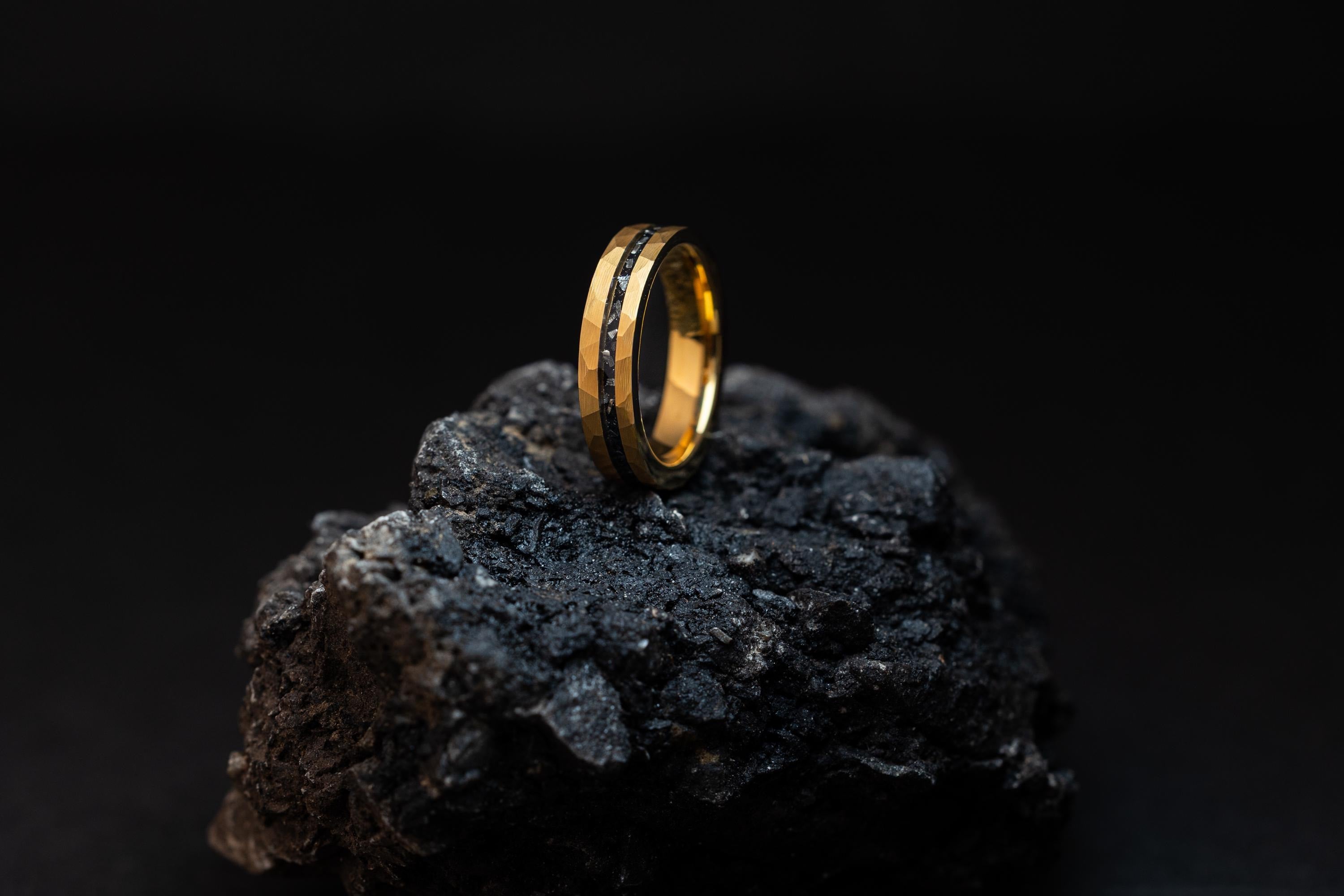 Hammered Gold Meteorite Ring: 24K Tungsten Wedding Band (5mm)