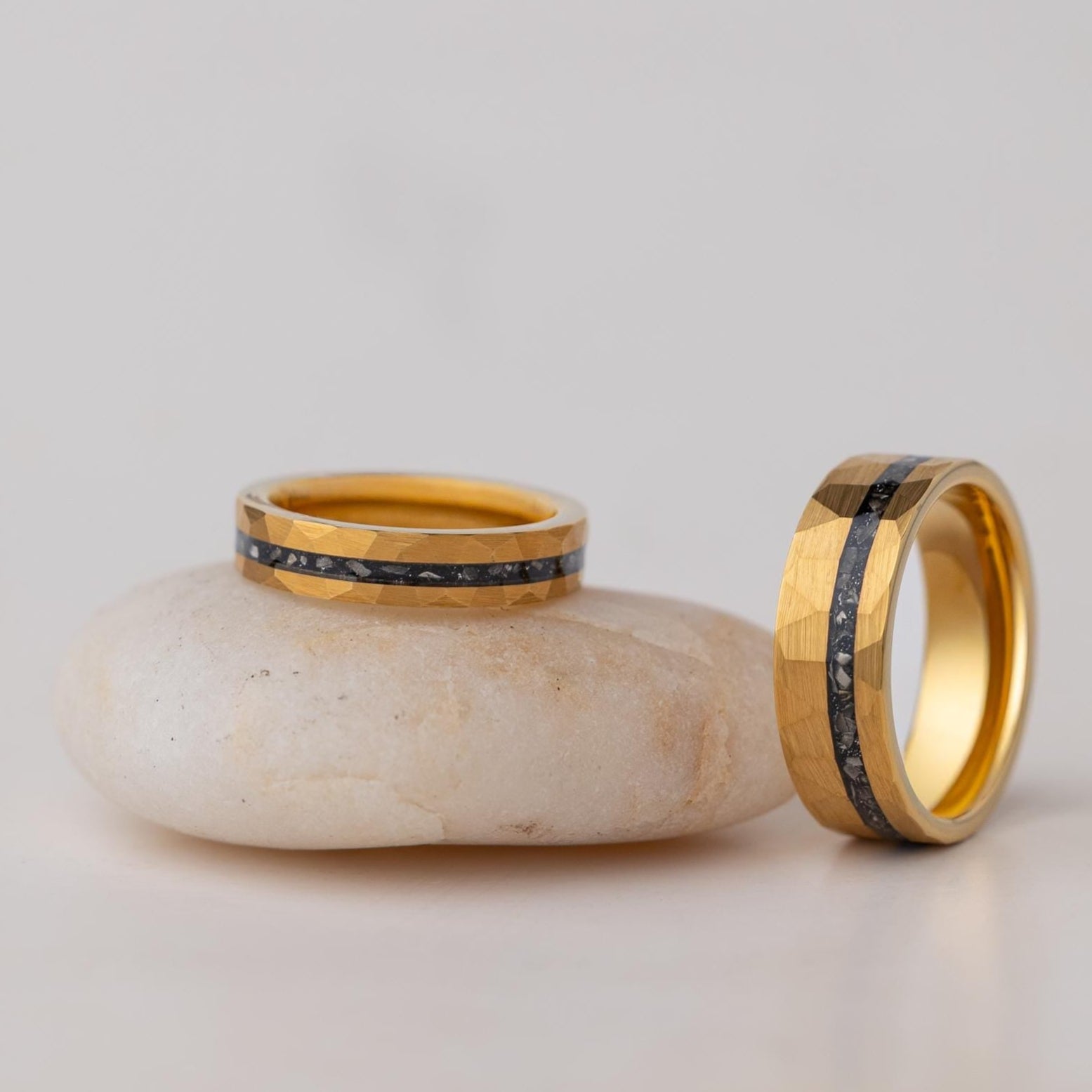 Hammered Gold Meteorite Rings Set: 24K Tungsten Couples Wedding Band