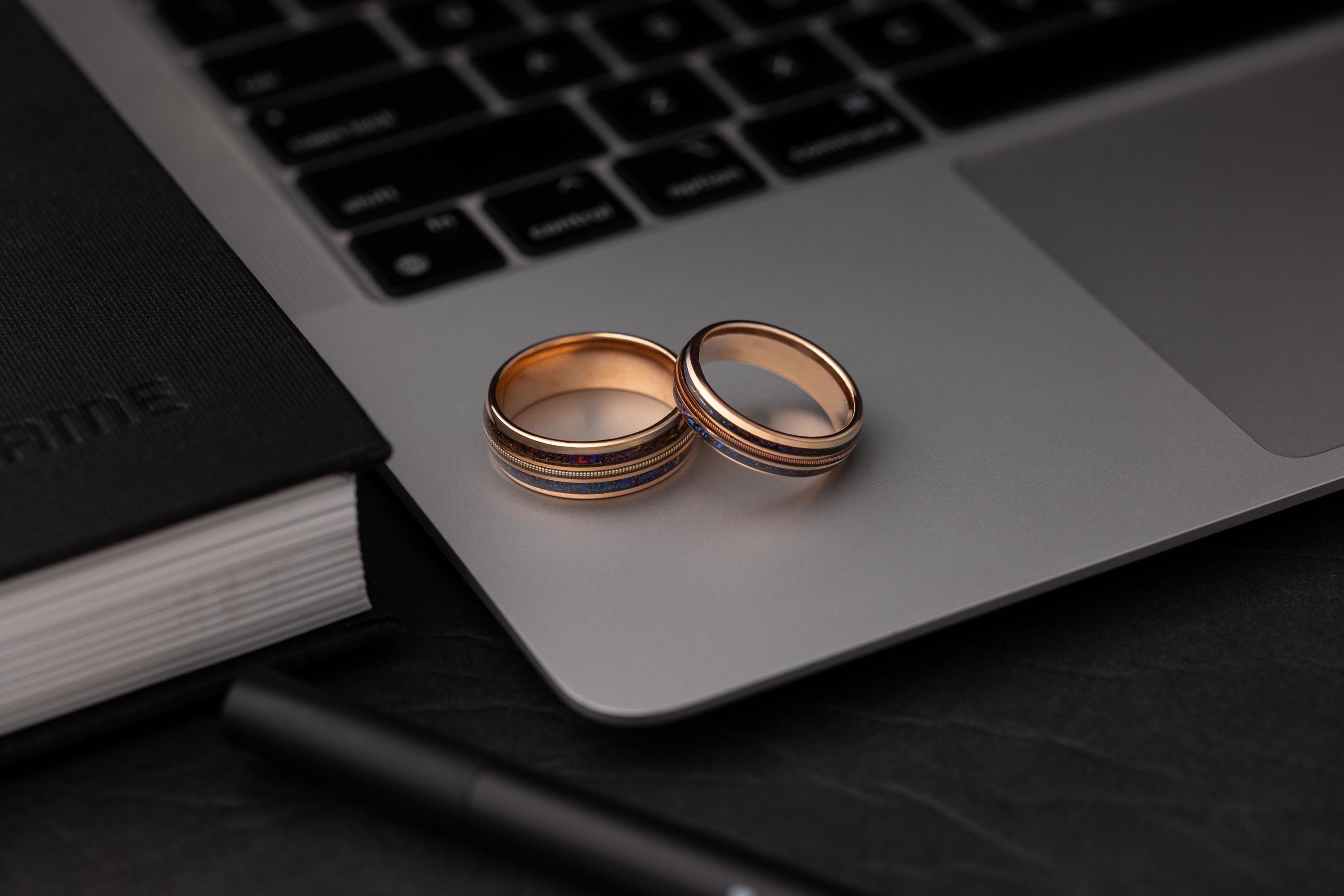 Tungsten Carbide Ring: Rose Gold, Galaxy Inlay & Guitar String - Couples Ring
