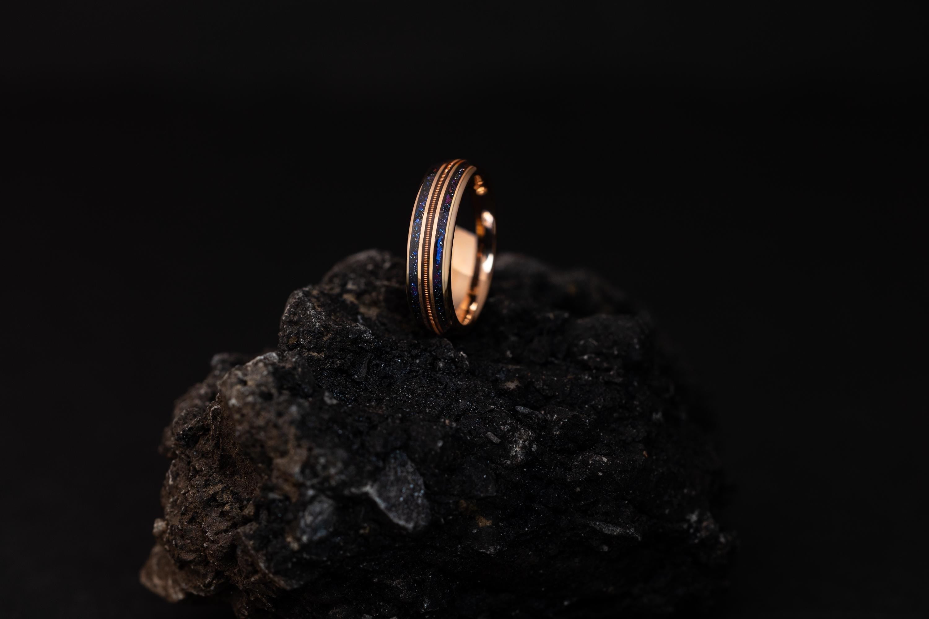 Tungsten Carbide Ring: Rose Gold, Galaxy Inlay & Guitar String - Couples Ring