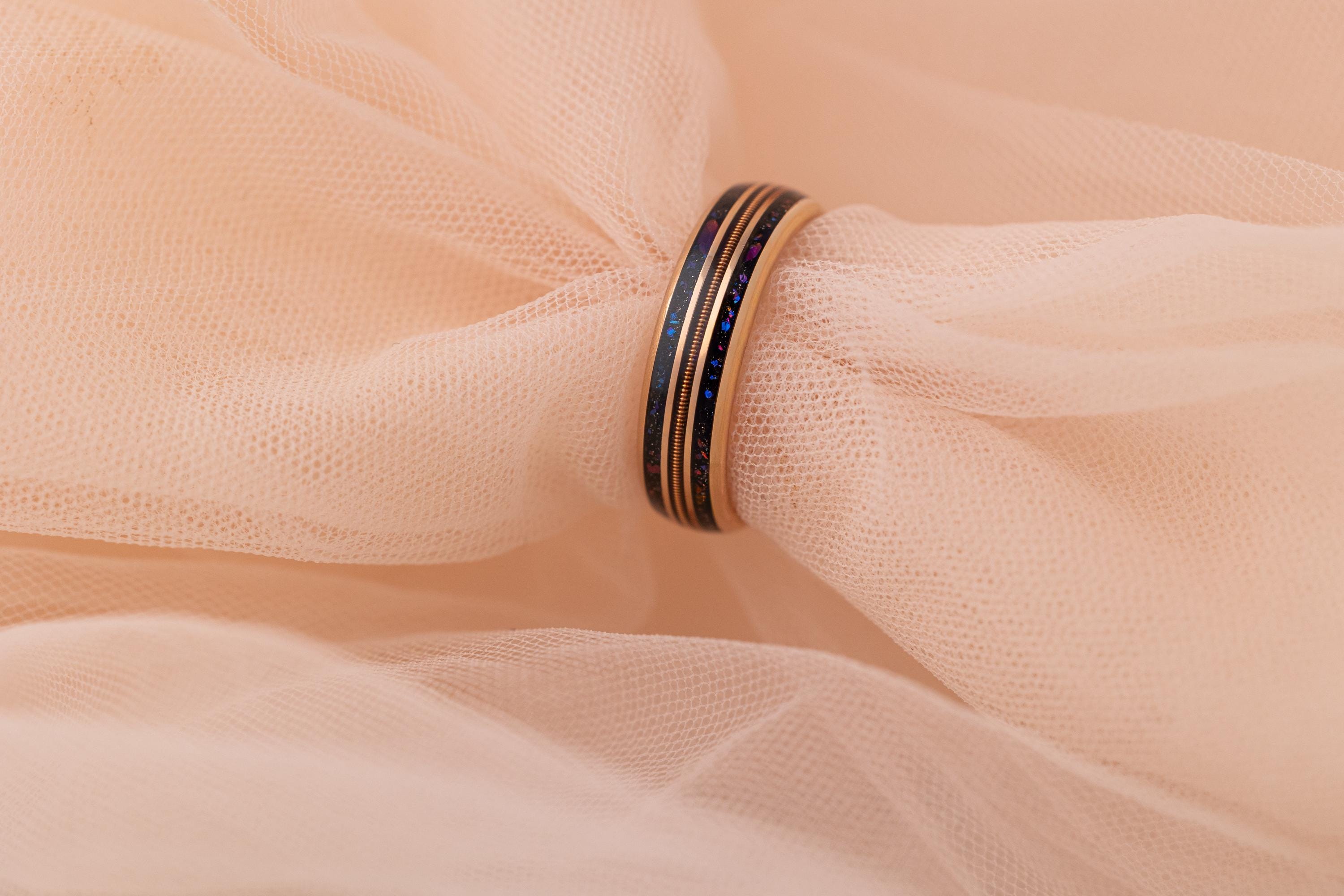 Tungsten Carbide Ring: Rose Gold, Galaxy Inlay & Guitar String - Couples Ring