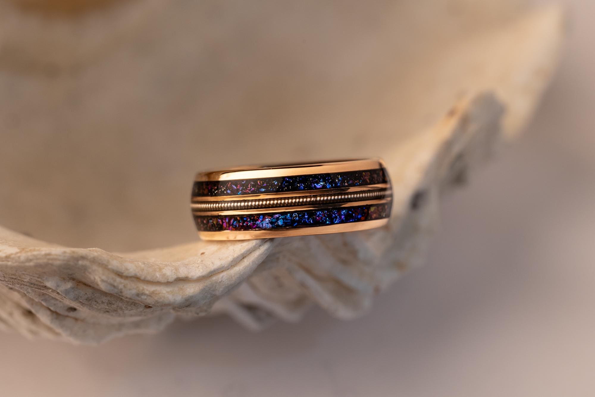 Tungsten Carbide Ring: Rose Gold, Galaxy Inlay & Guitar String - Couples Ring