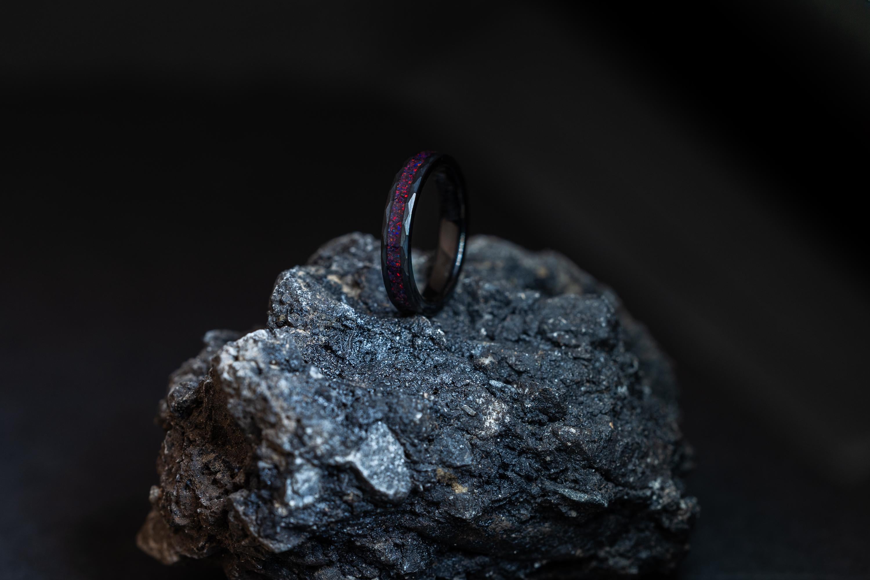 Crushed Fire Opal Hammered Wedding Band, Black Tungsten Couples Ring