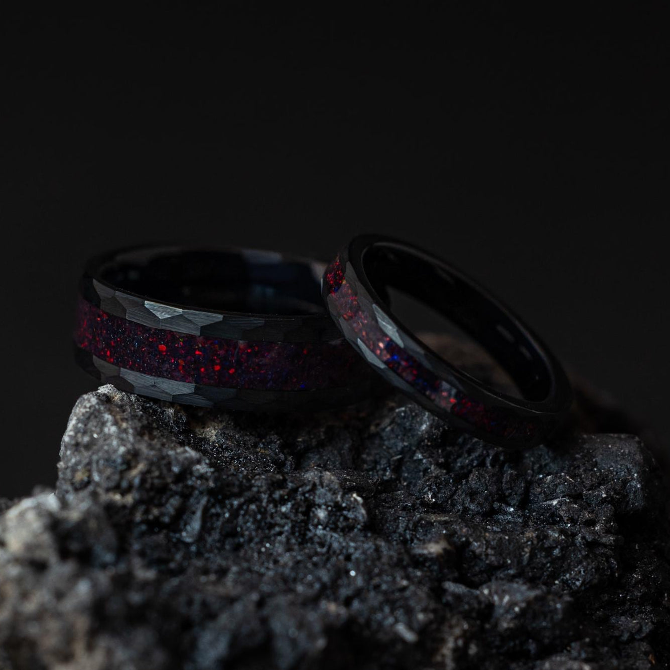 Crushed Fire Opal Hammered Wedding Band, Black Tungsten Couples Ring