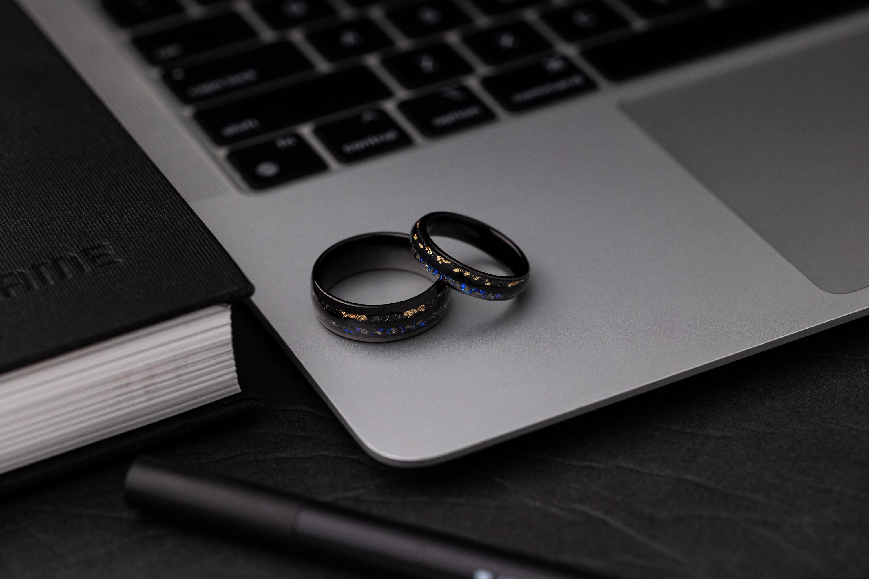 Nebula & Crushed Gold Leaf Couple Set Ring, Tungsten Meteorite Wedding Bands