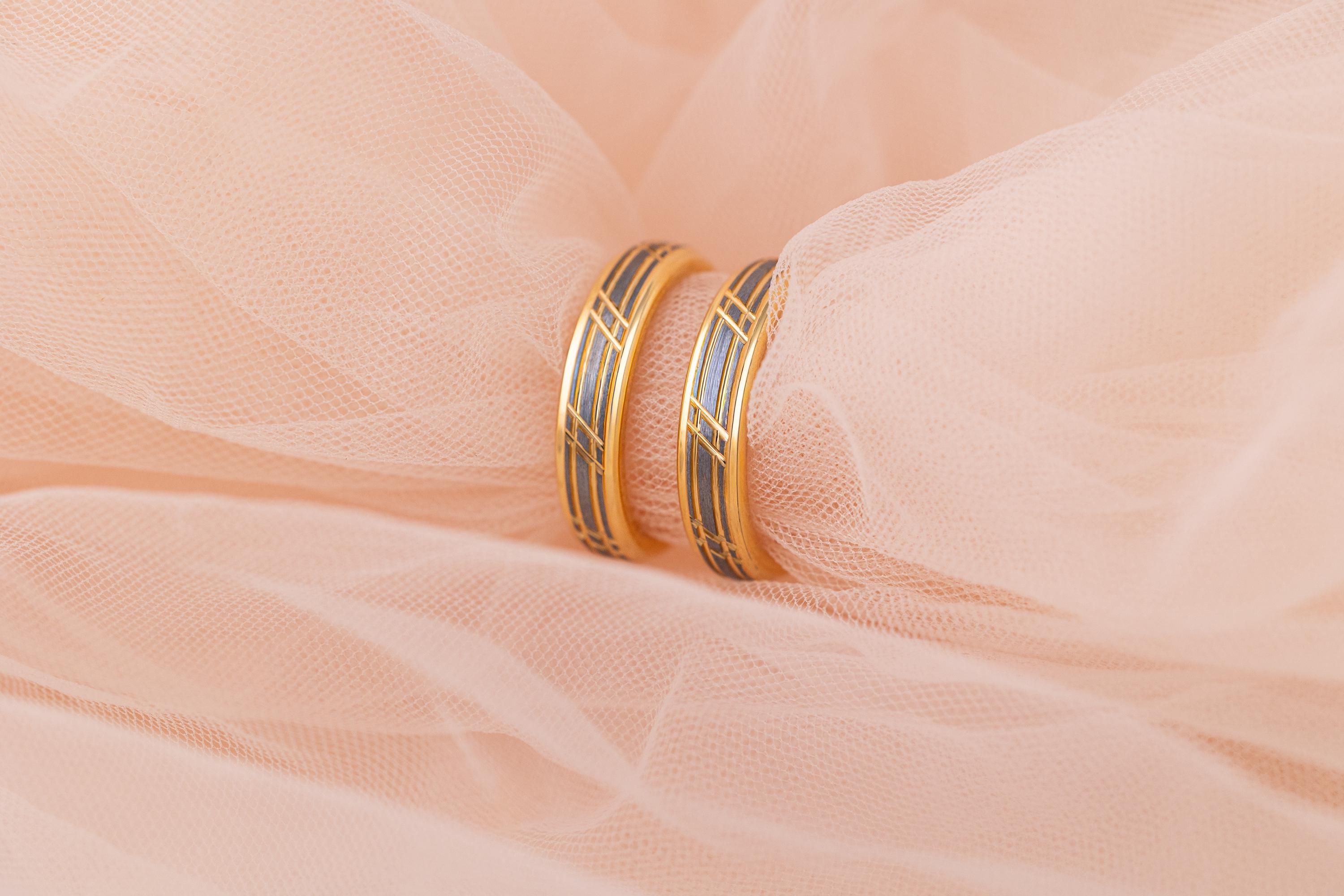 Brushed Tungsten Carbide Ring: Yellow Gold Slotted 4mm Wedding Band