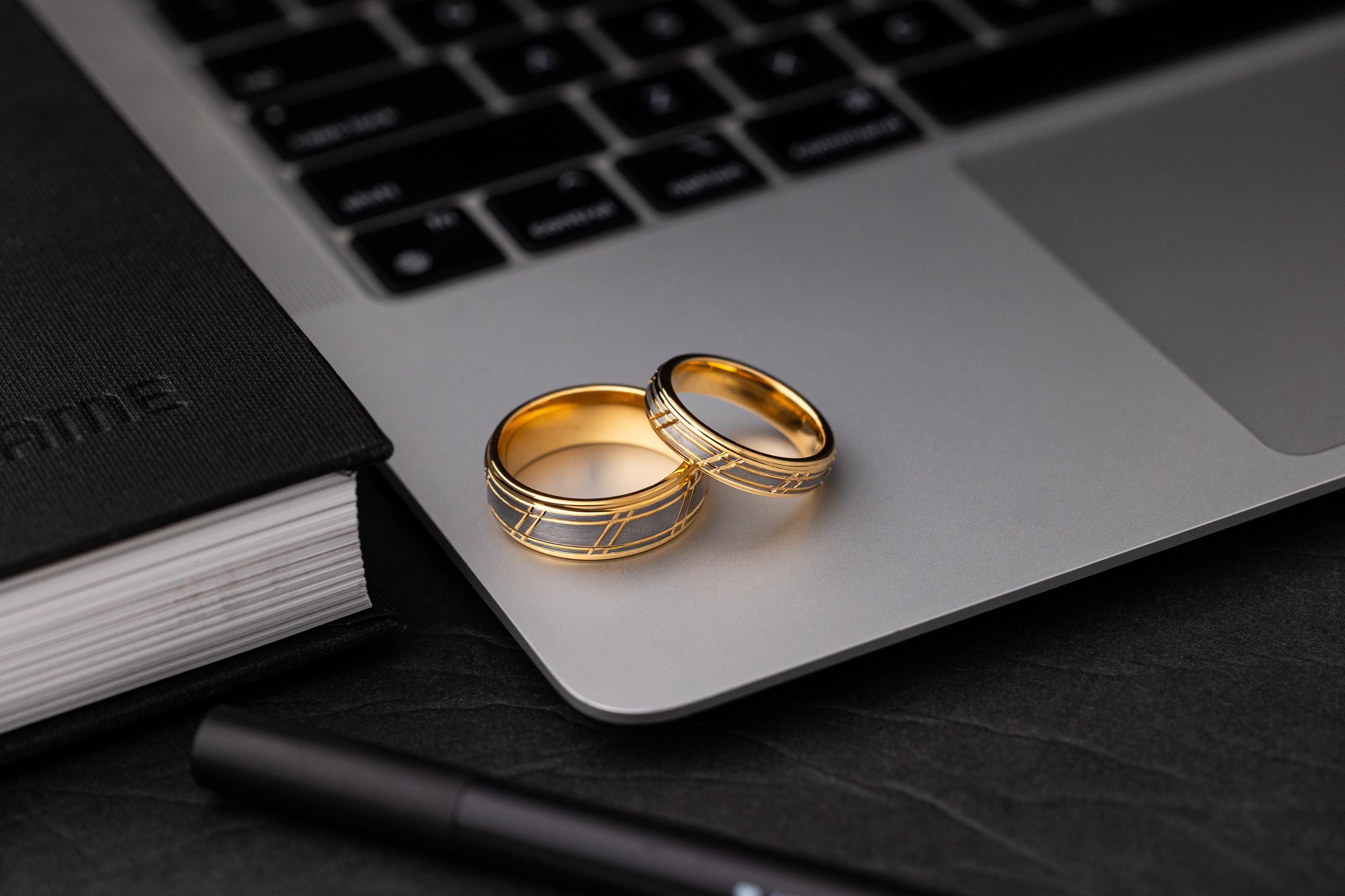 Brushed Tungsten Carbide Couple Rings: Yellow Gold Slotted Wedding Band Set