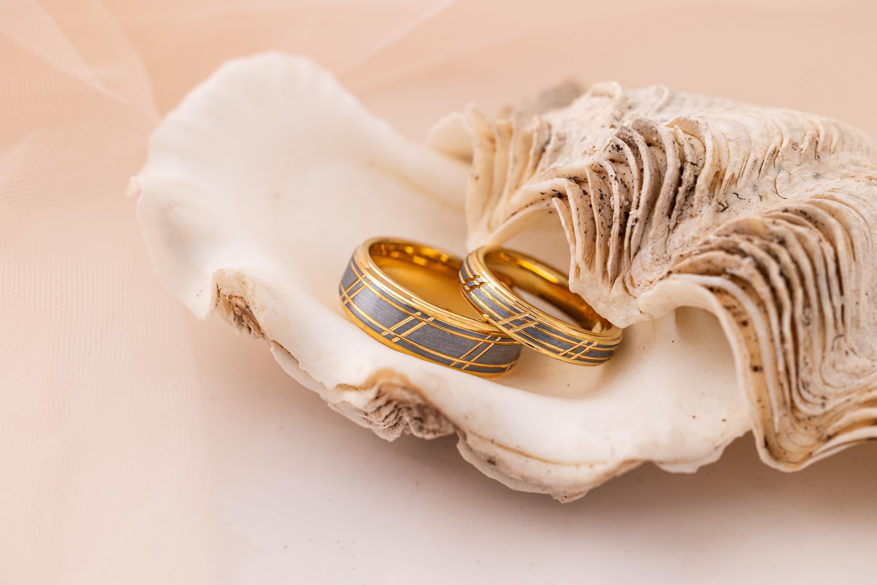 Brushed Tungsten Carbide Couple Rings: Yellow Gold Slotted Wedding Band Set