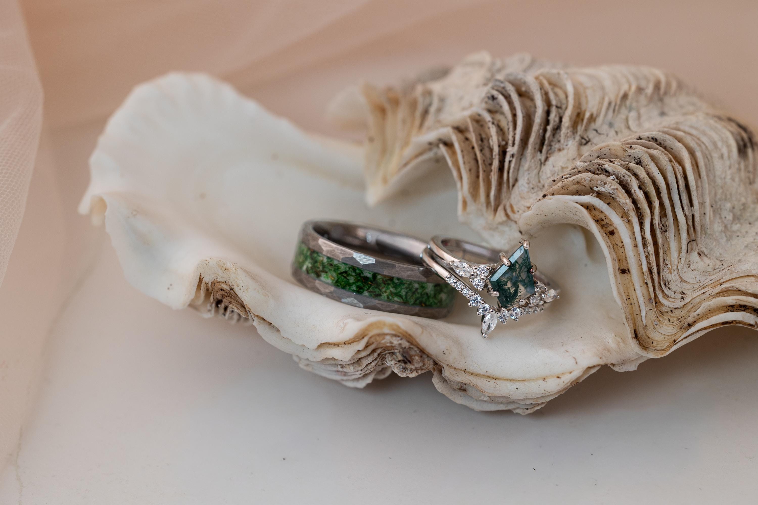 Hammered Metallic Gray Tungsten Moss Agate Ring - 8mm Wedding Band