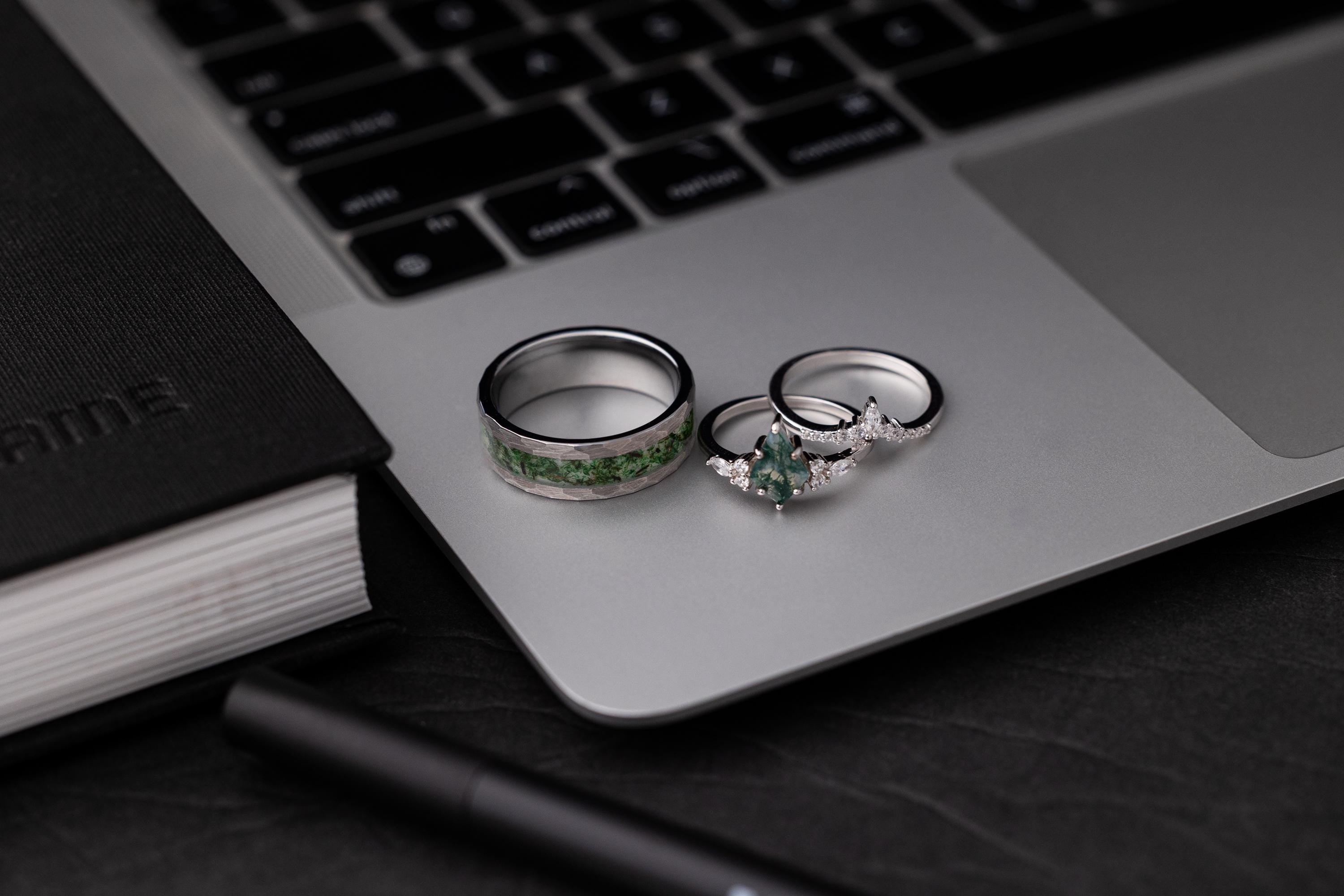 Moss Agate Ring Set: Tungsten Band, Couples Wedding Bands