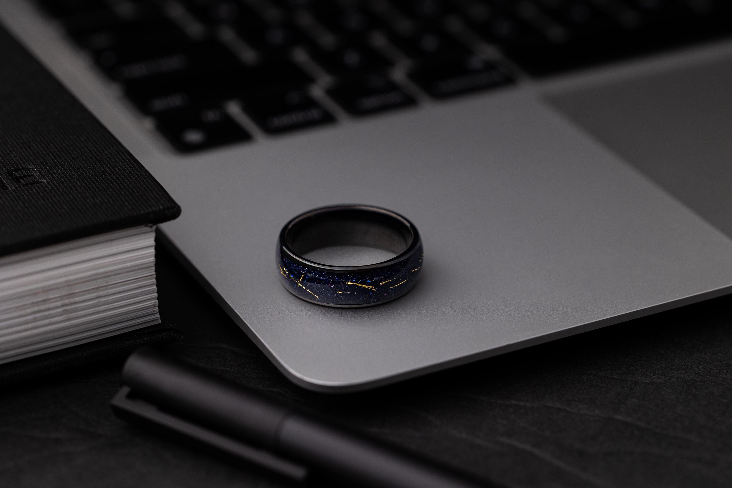 Tungsten Wedding Band: Cosmic Galaxy Ring with Gold Inlay (8mm)