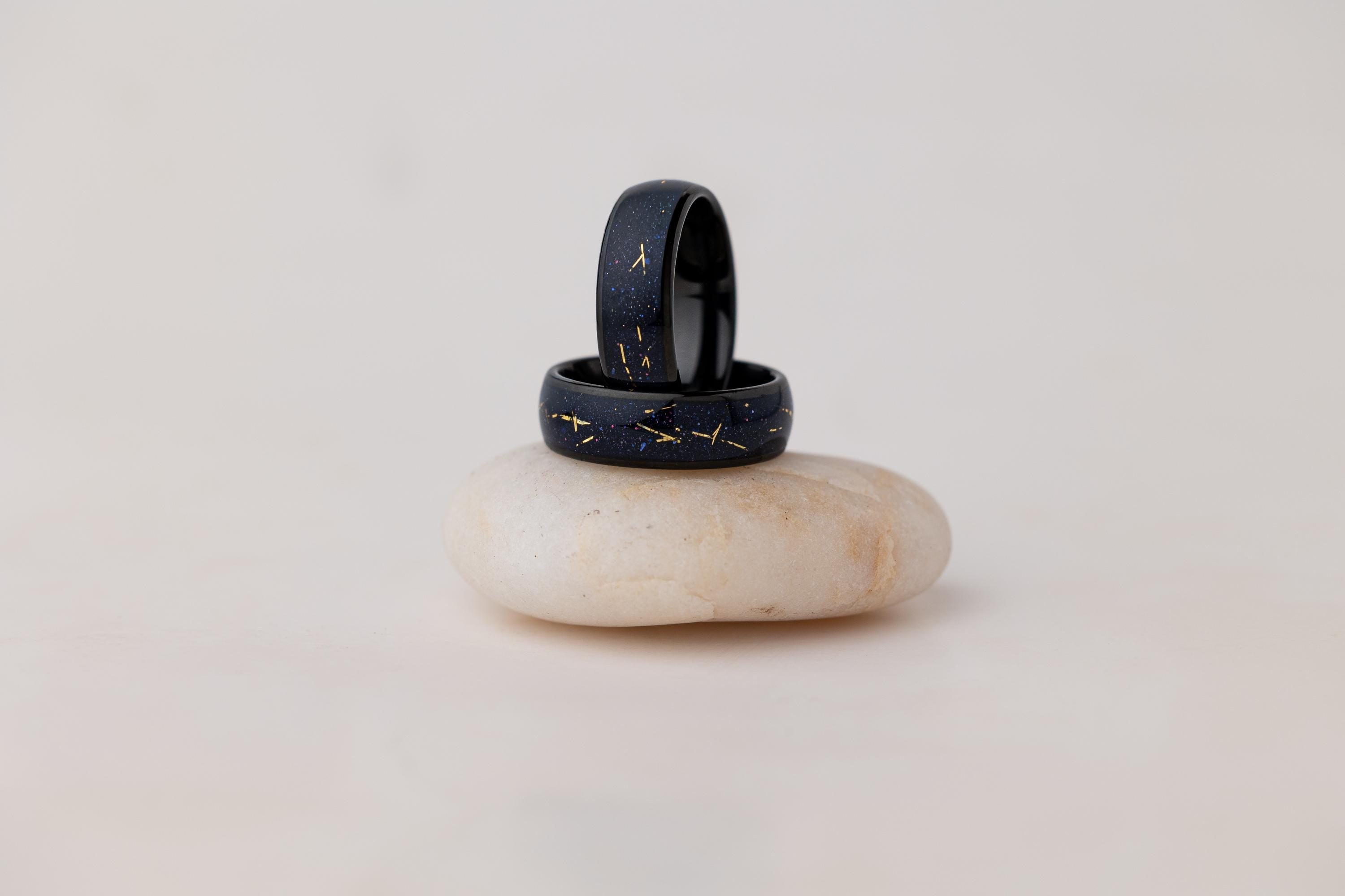 Cosmic Galaxy Rings Wedding Set: Blue Sandstone with Gold Foil