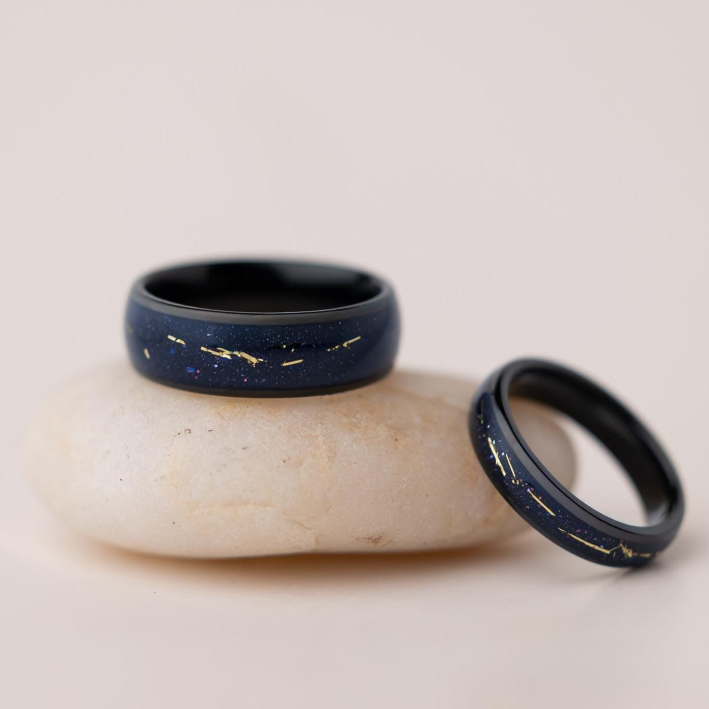 Cosmic Galaxy Rings Wedding Set: Blue Sandstone with Gold Foil