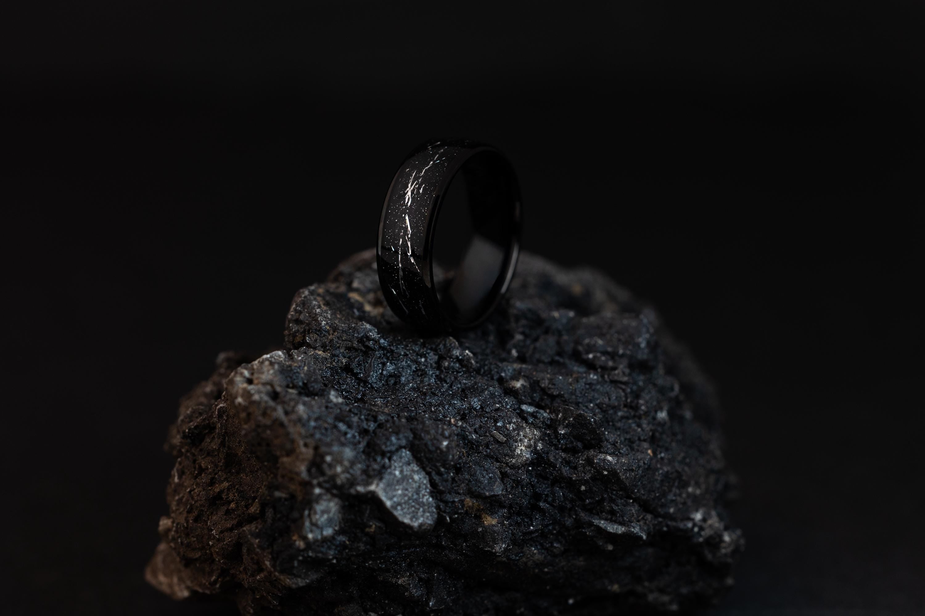 Cosmic Galaxy Rings Wedding Set: Black Sand with Silver Foil