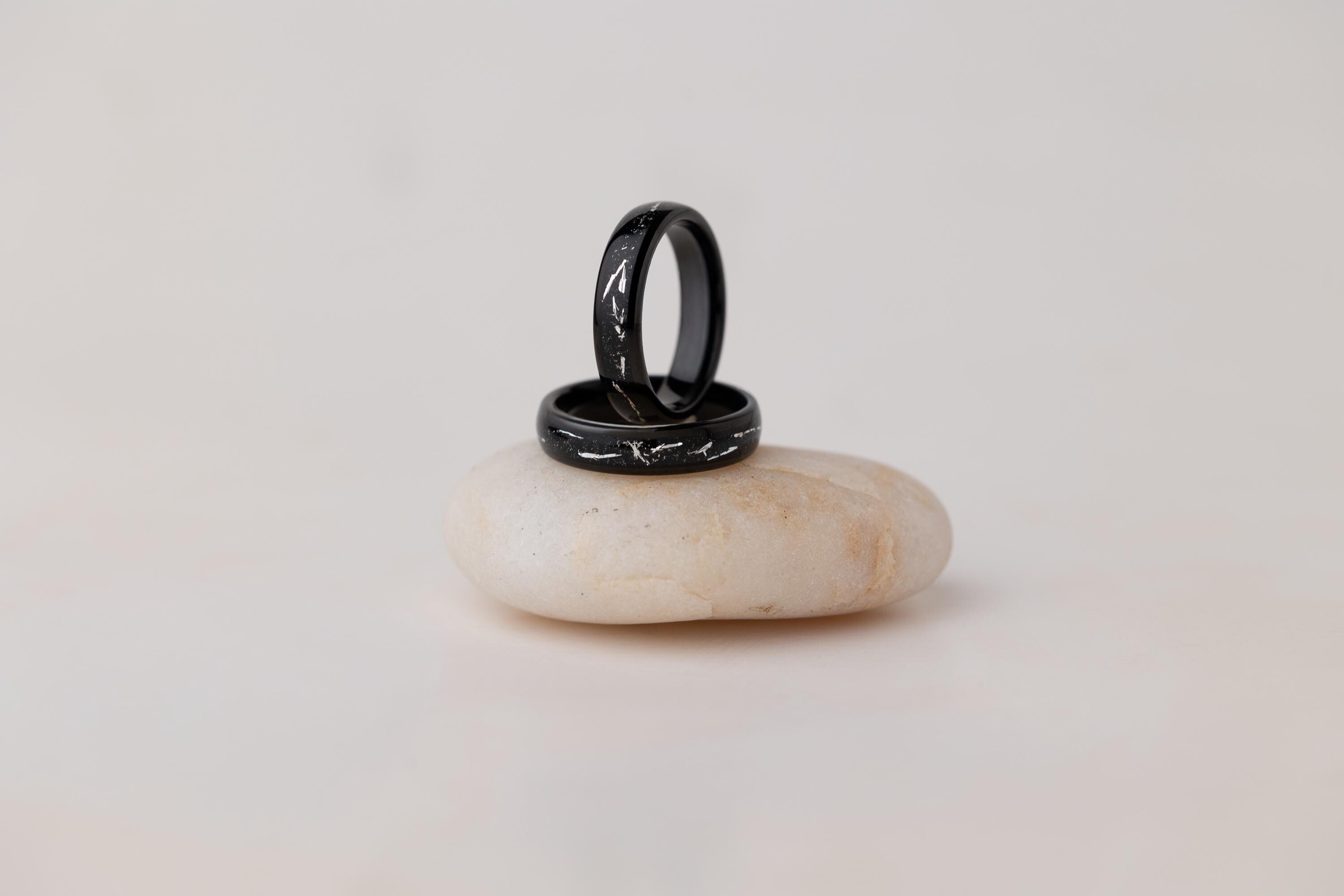 Cosmic Galaxy Rings Wedding Set: Black Sand with Silver Foil