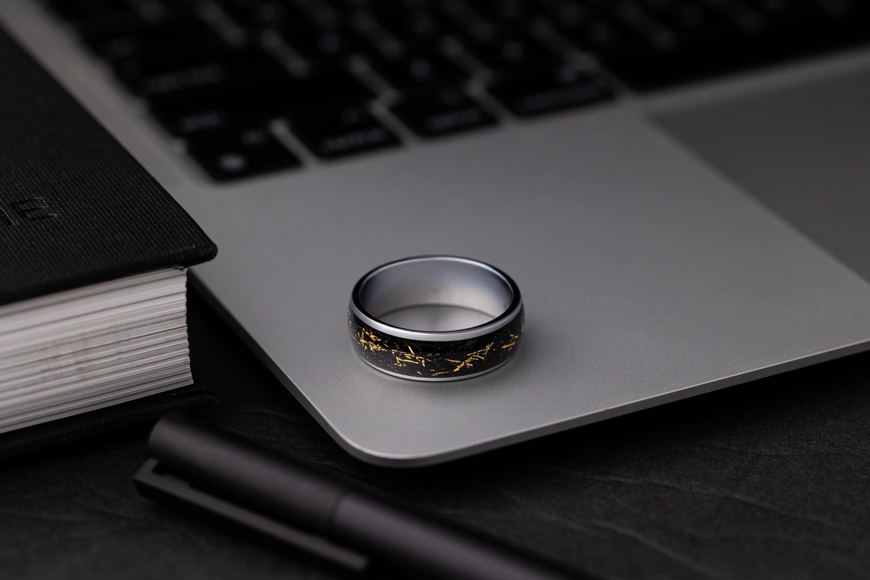 Tungsten Wedding Band: Cosmic Galaxy Silver Ring with Gold Foil (8mm)