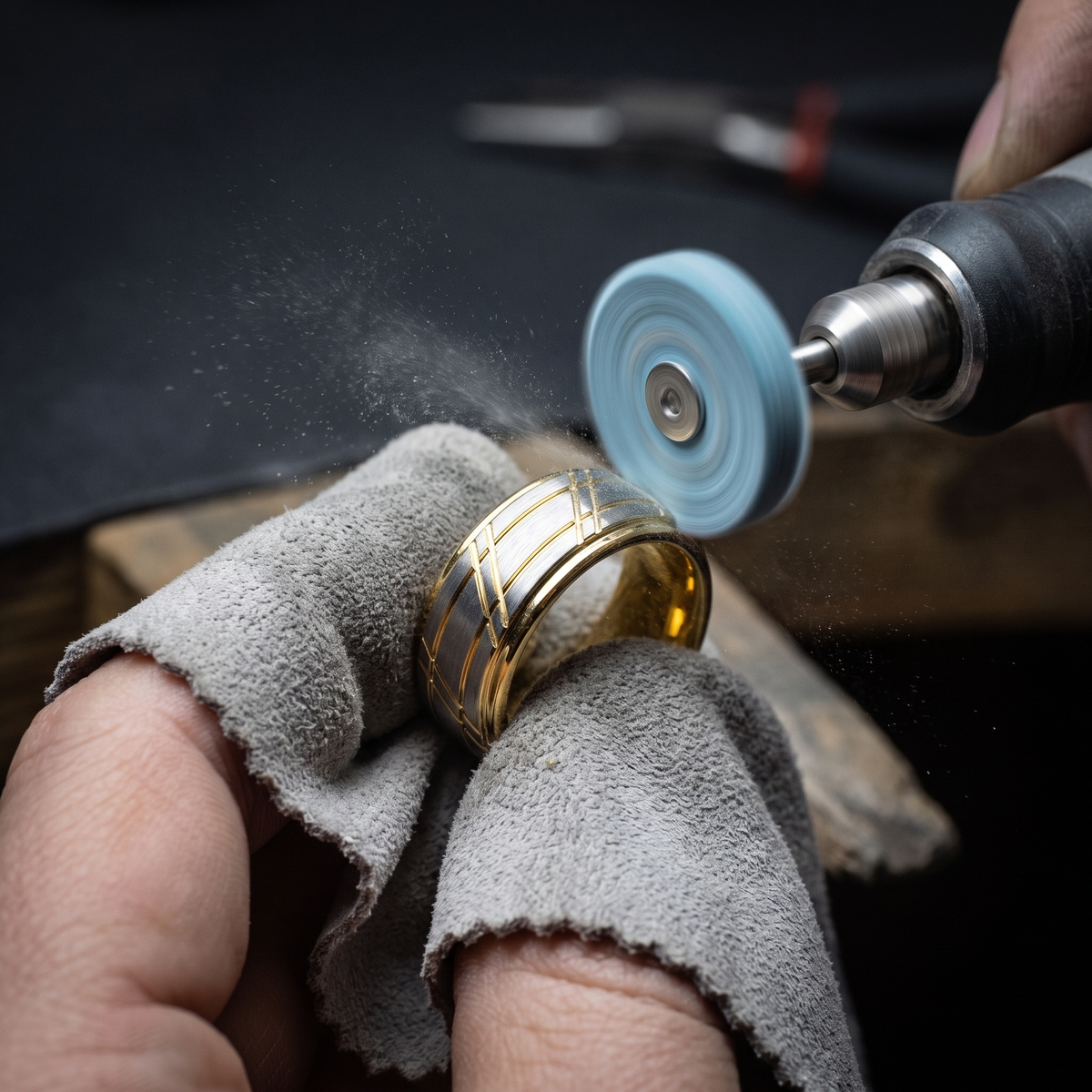 Handcrafted: ring being hand polished on a polishing wheel