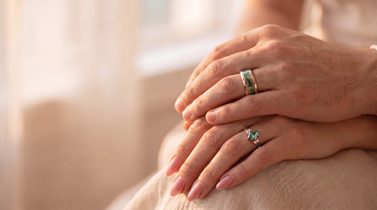 Couple's hands wearing the Evergreen Meadow moss agate matching ring set