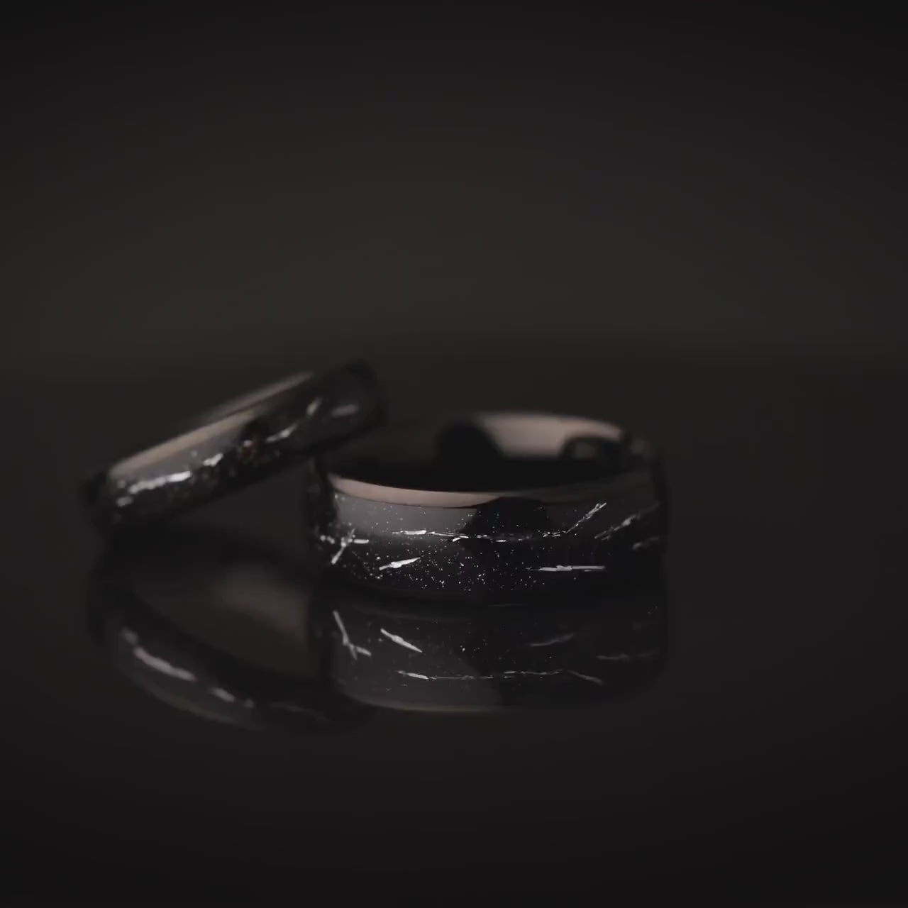 Cosmic Galaxy Rings Wedding Set: Black Sand with Silver Foil