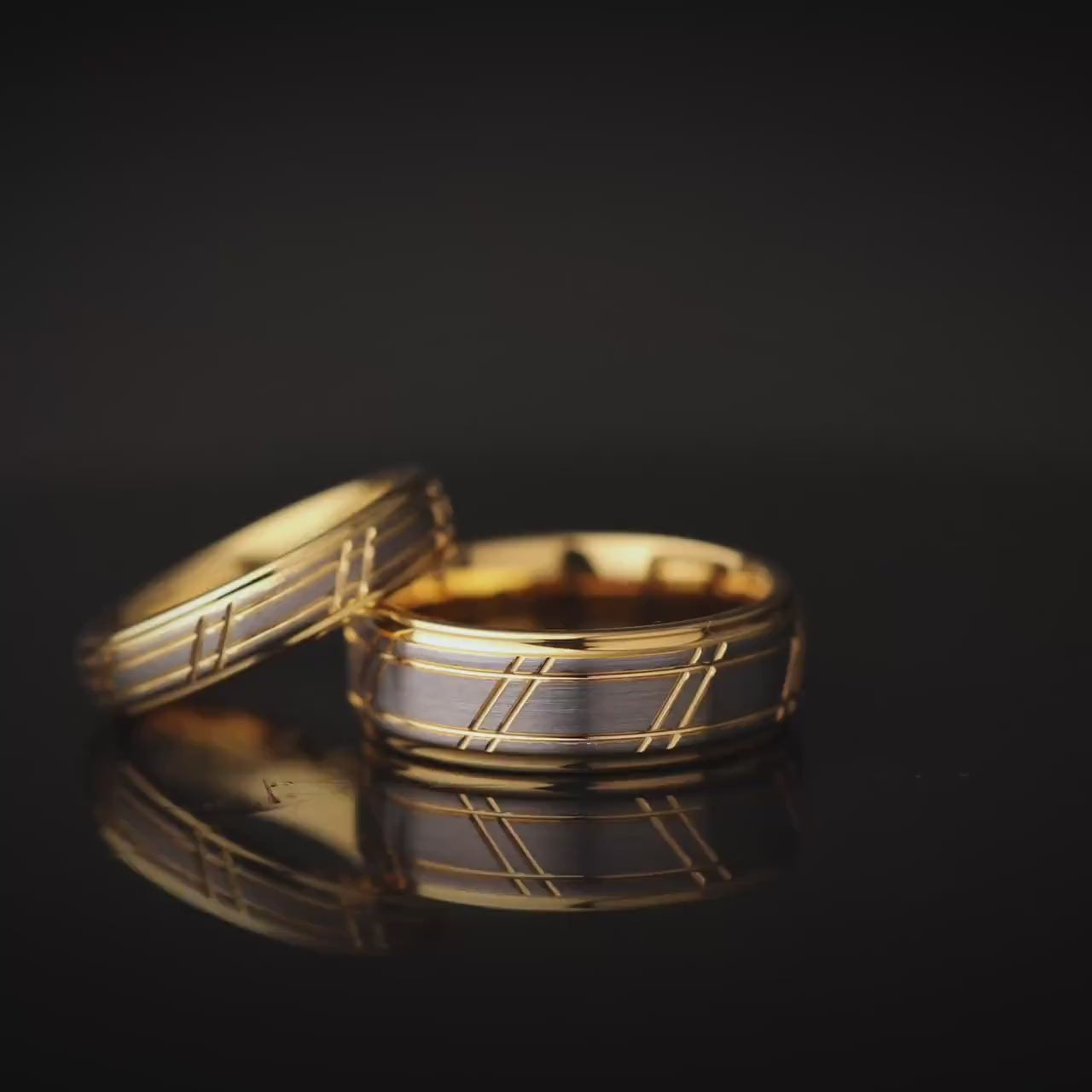 Brushed Tungsten Carbide Couple Rings: Yellow Gold Slotted Wedding Band Set