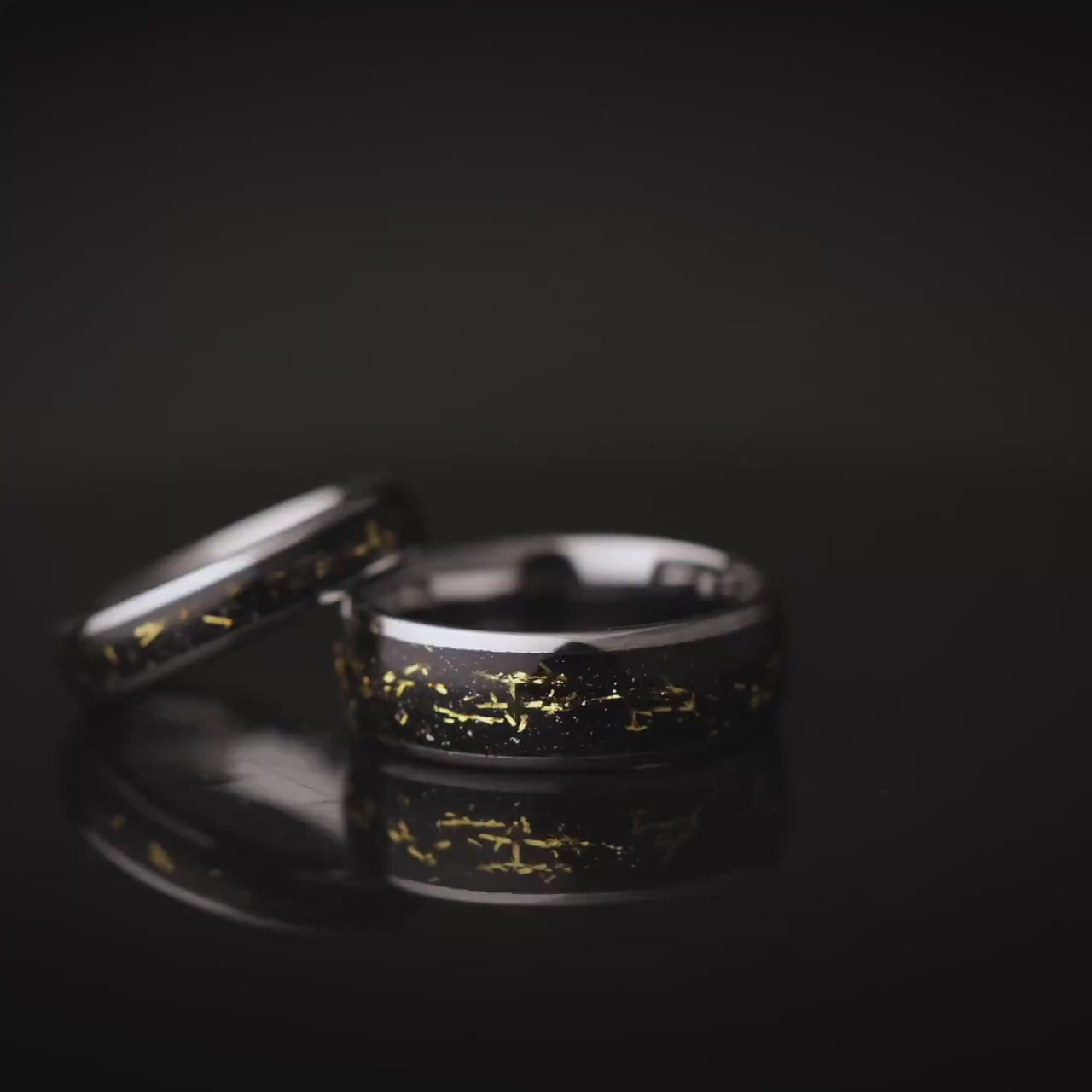 Cosmic Galaxy Rings Wedding Set: Silver Band with Black Sand and Gold Foil