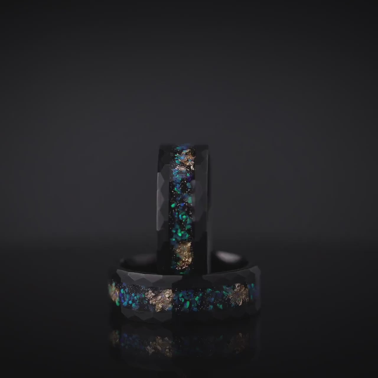 Opal & Gold Leaf Ring, Meteorite and Gold Leaf Ring, MIxed Opal Band, Meteorite and Gold Leaf Ring, Hammered Opal Band, Tungsten Ring, 8mm