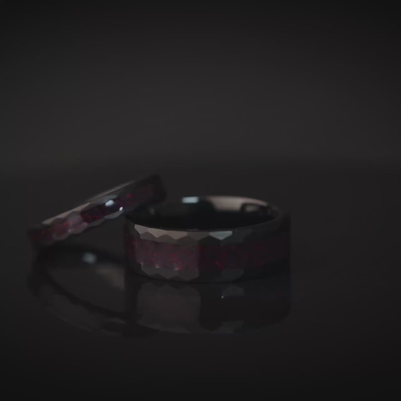 Black Tungsten Womens Ring: Crushed Fire Opal Hammered Wedding Band, 4mm